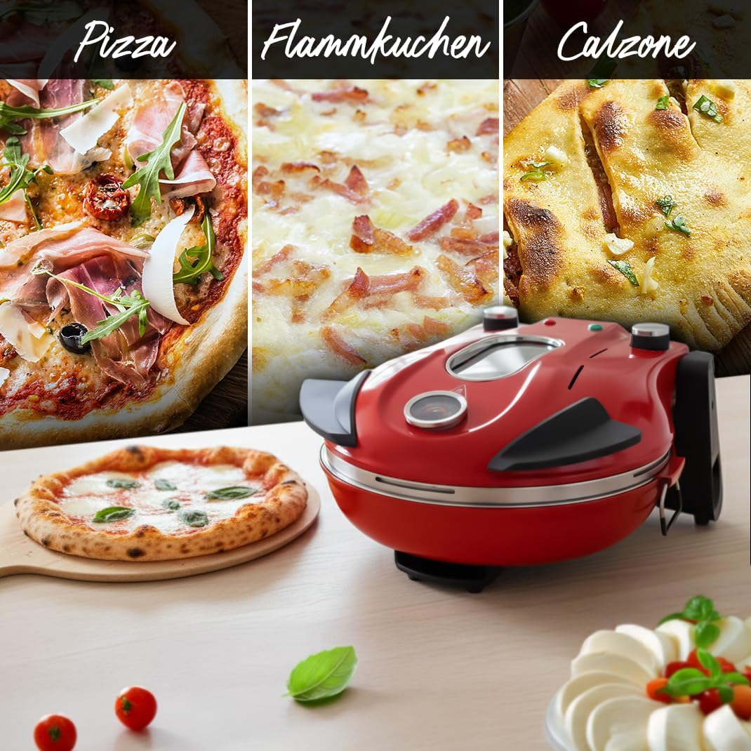 Ein roter Pizzabilder steht auf einem Holztisch, mit Bildern von Pizza, Flammkuchen und Calzone oben.