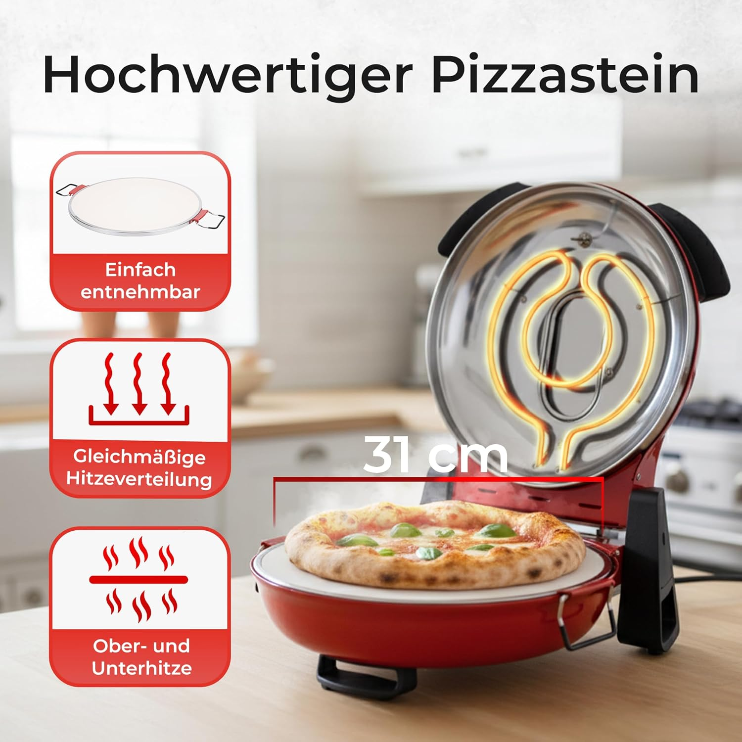 Ein roter Pizzaofen mit 31 cm Pizzastein und heizender Spule im Deckel in einer Küche.