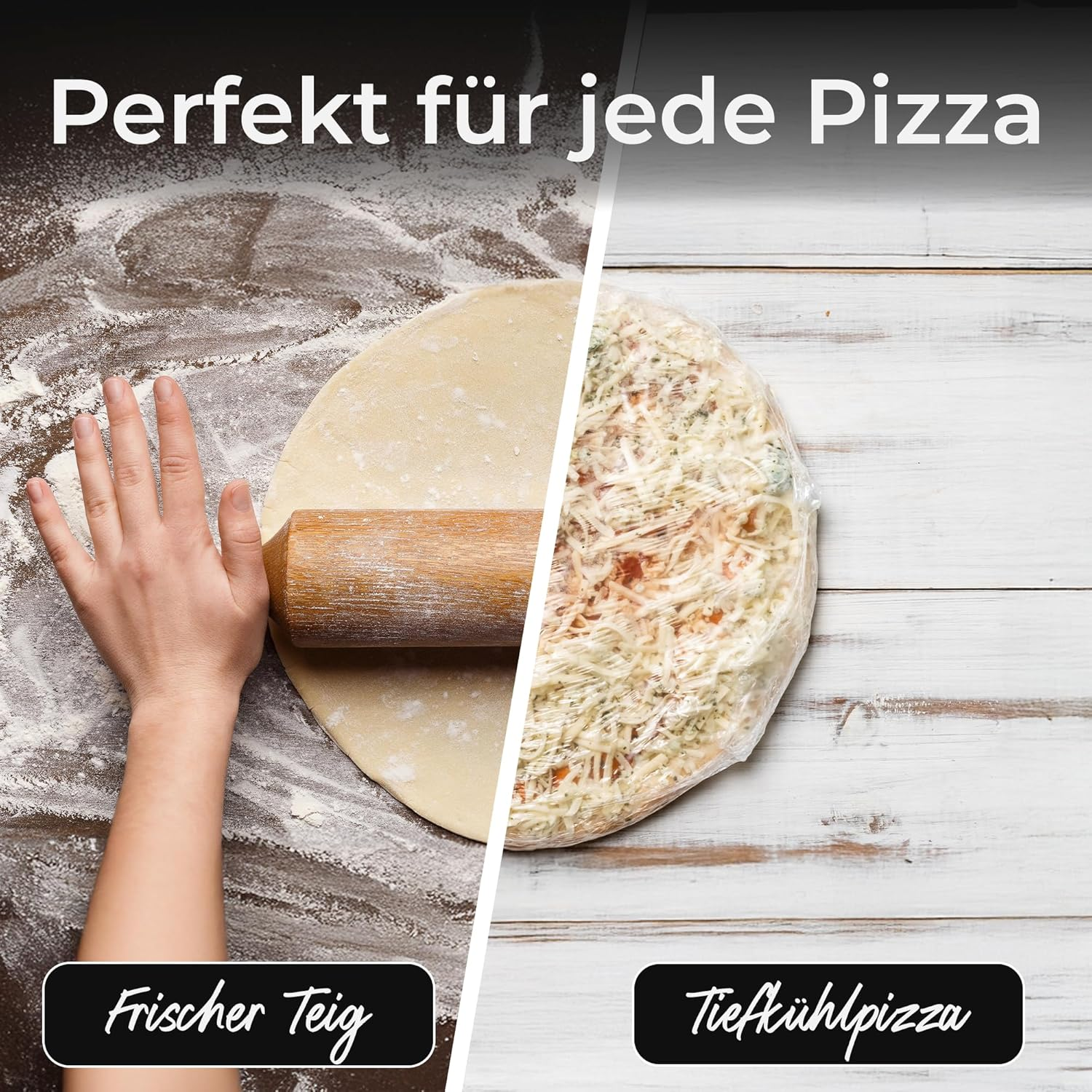 Vergleich zwischen frischem Teig mit Nudelholz und einer Tiefkühlpizza auf Holztisch.