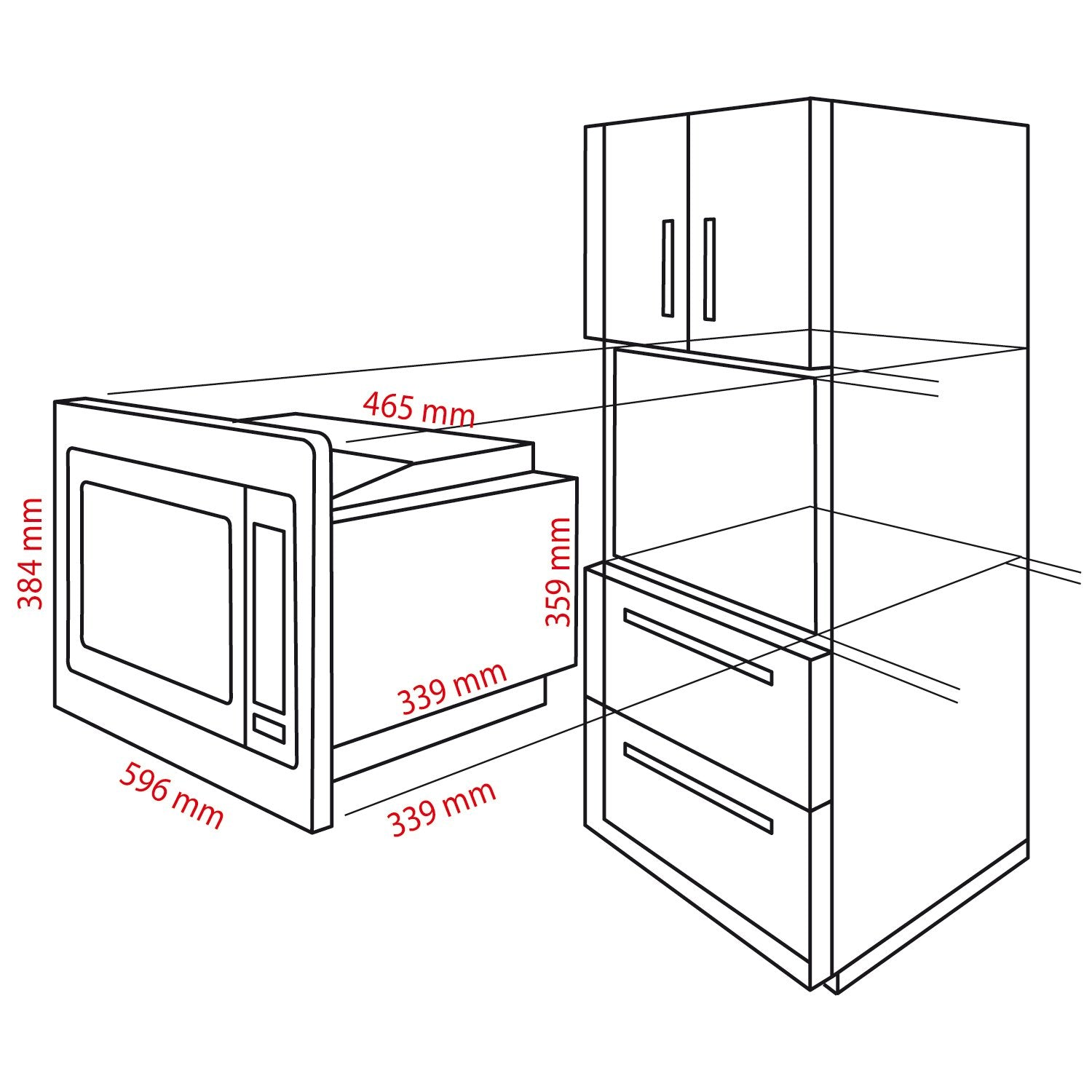 Dessin technique d'un micro-ondes avec dimensions et meuble de cuisine.
