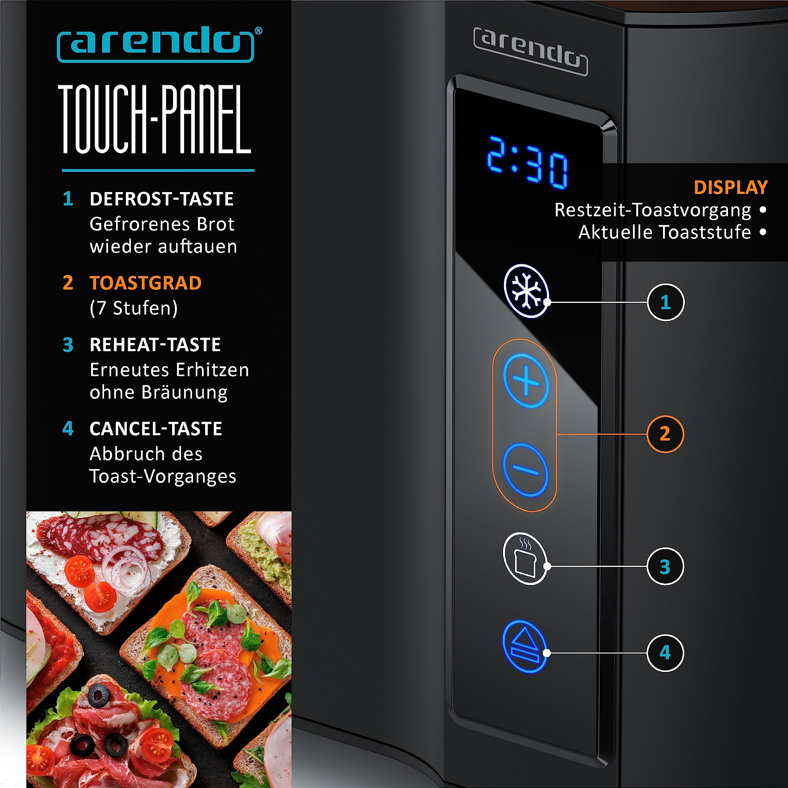 Pannello touch per tostapane Arendo con display e pulsanti per scongelamento, livello di doratura, riscaldamento e annullamento.
