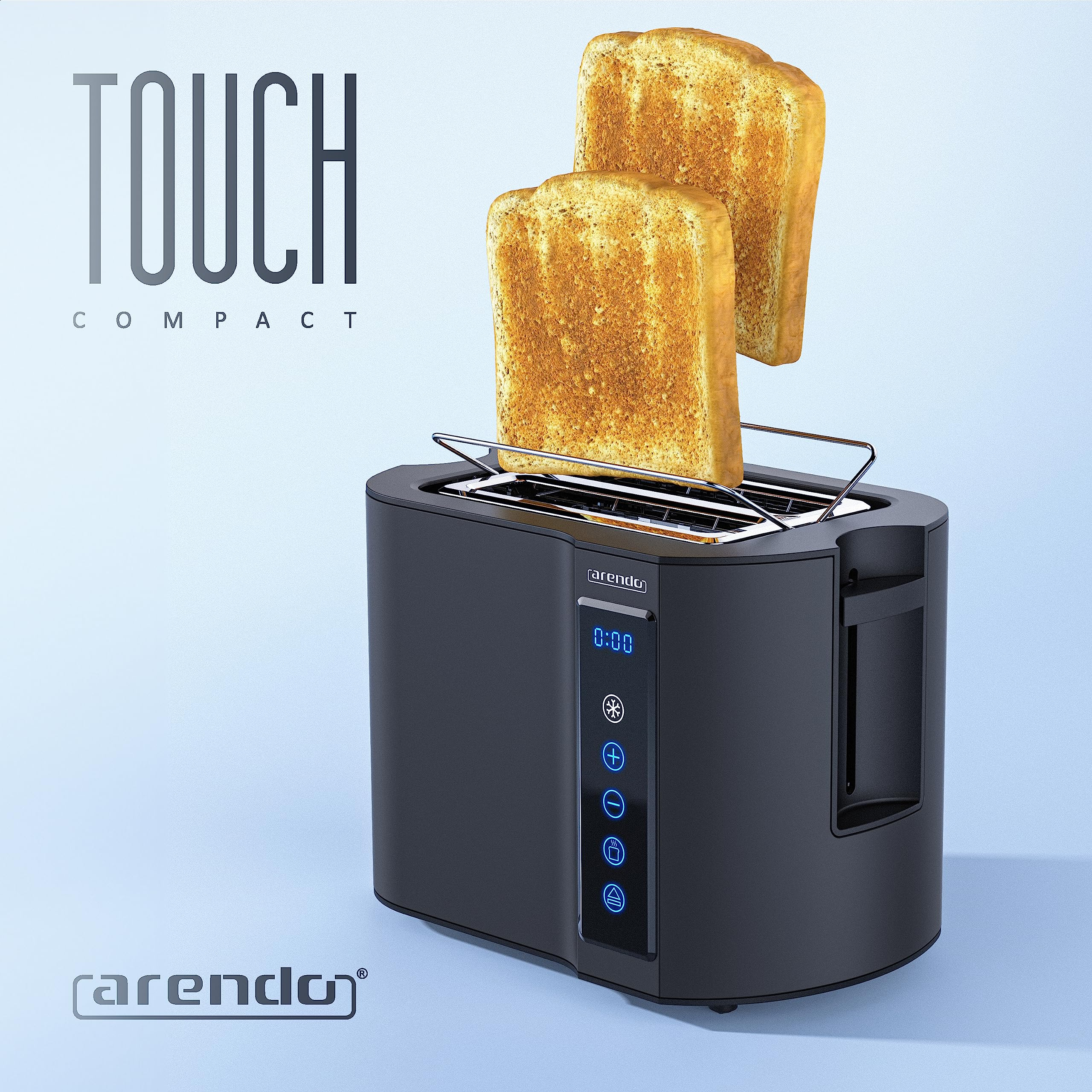 Un tostapane nero Arendo con due fette di pane tostato dorate e touch screen digitale su sfondo blu.