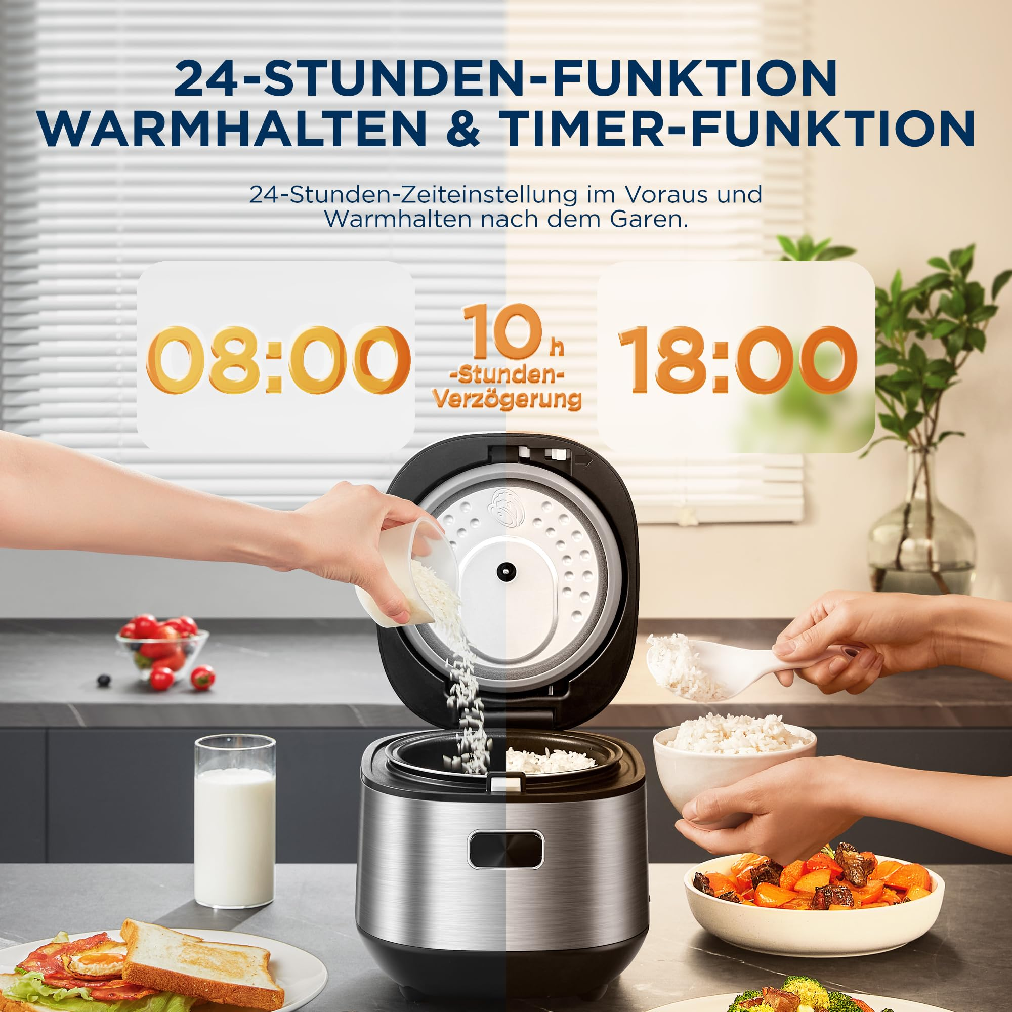 Reiskocher mit Timer-Funktion zeigt rechts und links Hände, die Reis einfüllen und servieren.