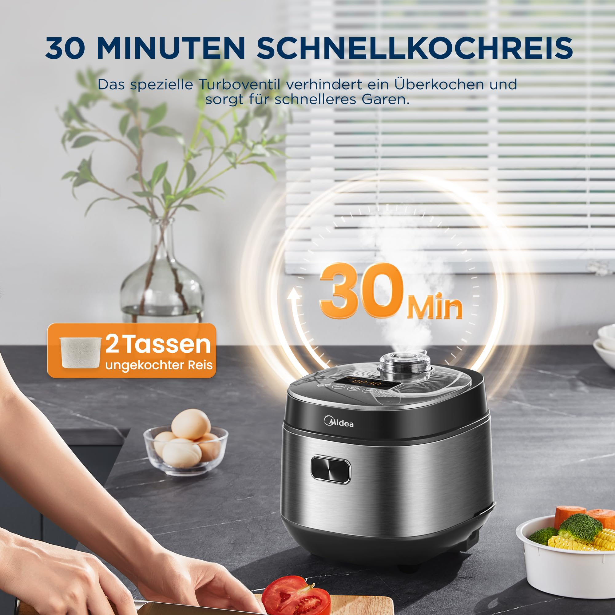Ein Midea Schnellkochtopf auf einer Küchentheke mit aufsteigendem Dampf und 30-Minuten-Text.
