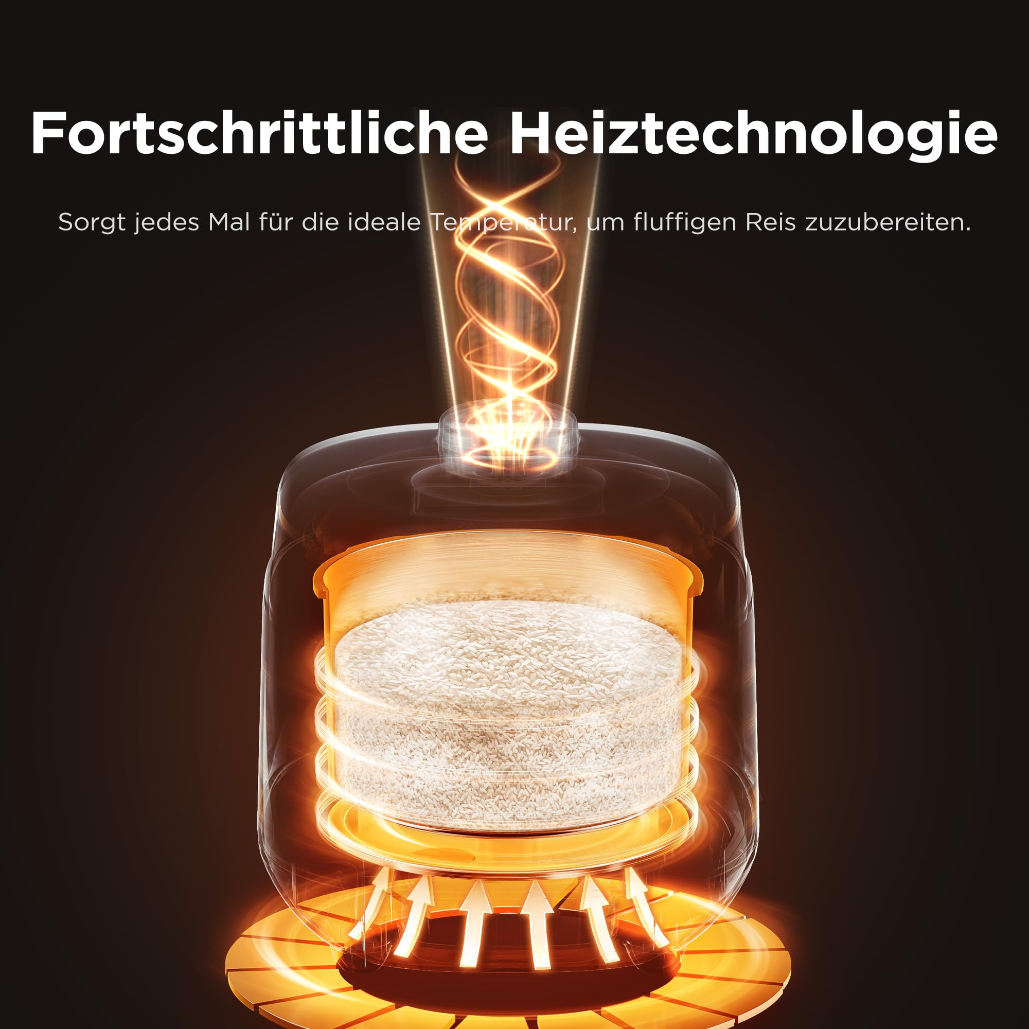 Ein Reiskocher mit integrierter Heiztechnologie zeigt orangefarbene Heizringe und weißen Reis im Inneren.