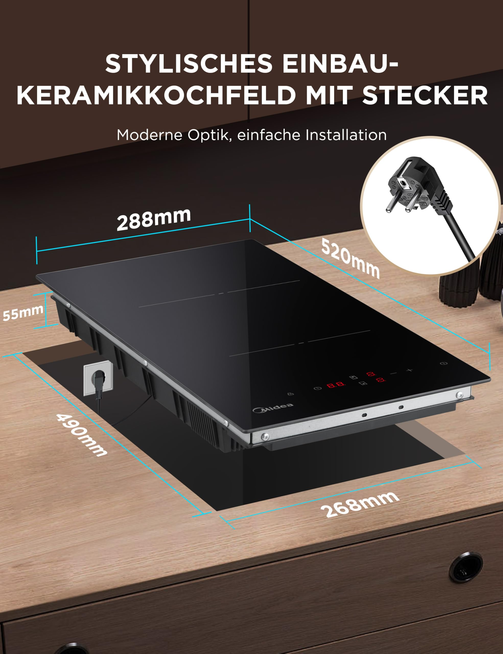 Schwarzes Einbau-Keramikkochfeld mit Maßangaben und Stecker.