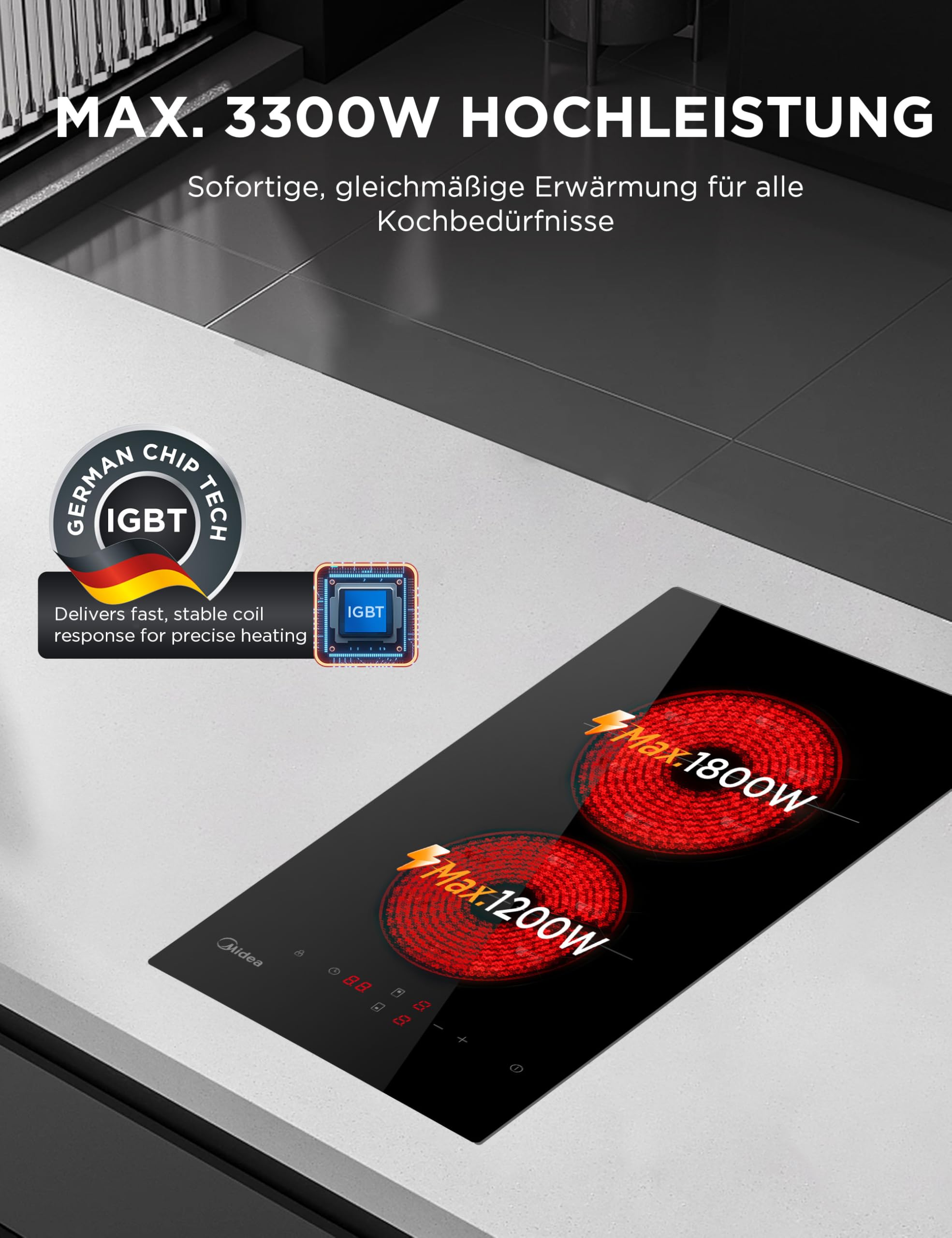 Schwarzes Induktionskochfeld mit zwei beheizten Kochzonen, 3300W Leistung und deutscher Chip-Technologie auf Arbeitsplatte.