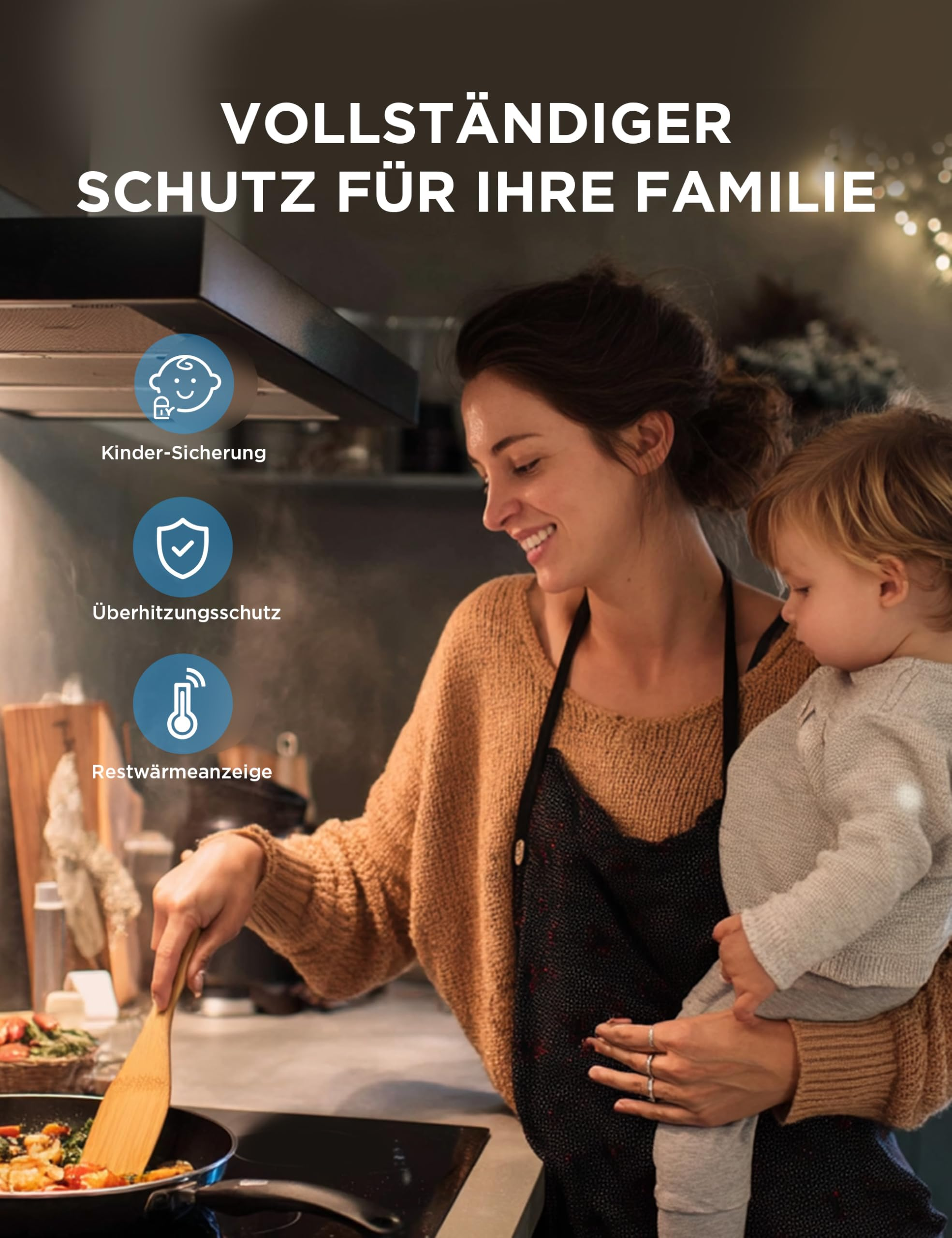 Eine Frau kocht in der Küche und hält ein Kind auf dem Arm, mit Symbolen für Sicherheit.