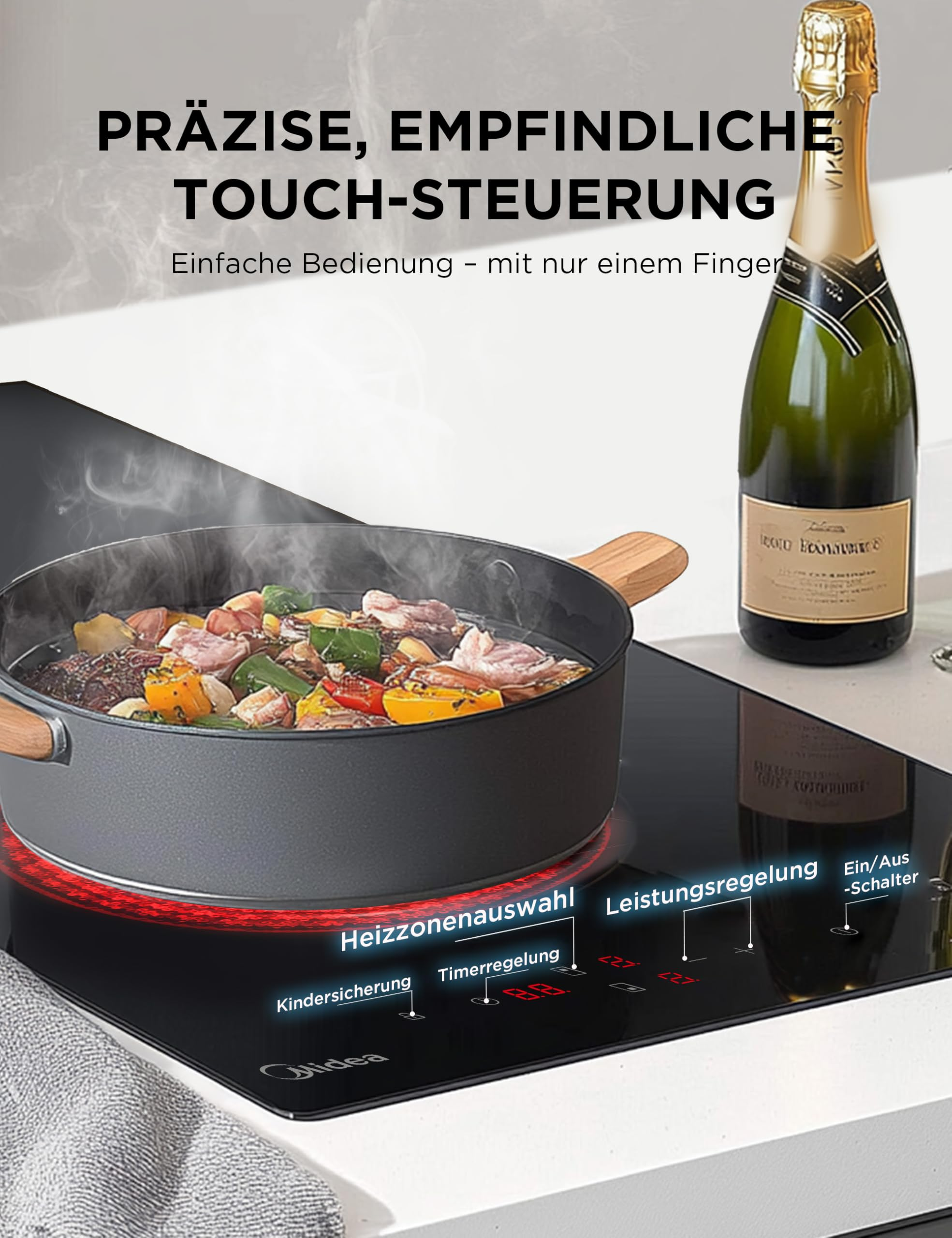 Ein Pot mit kochendem Essen auf einem schwarzen Induktionskochfeld mit Touch-Steuerung, daneben eine Champagnerflasche.