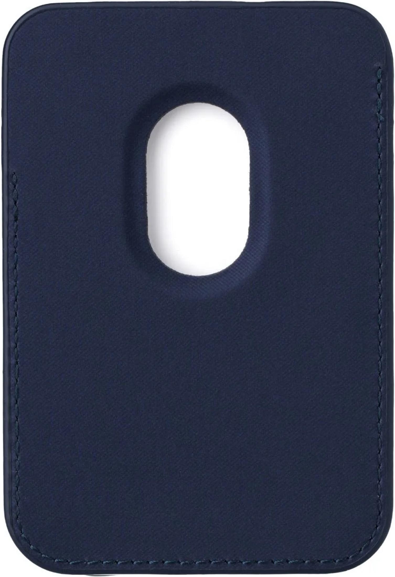 Custodia per smartphone in pelle blu scuro con un ritaglio ovale verticale al centro e cuciture visibili lungo i bordi.