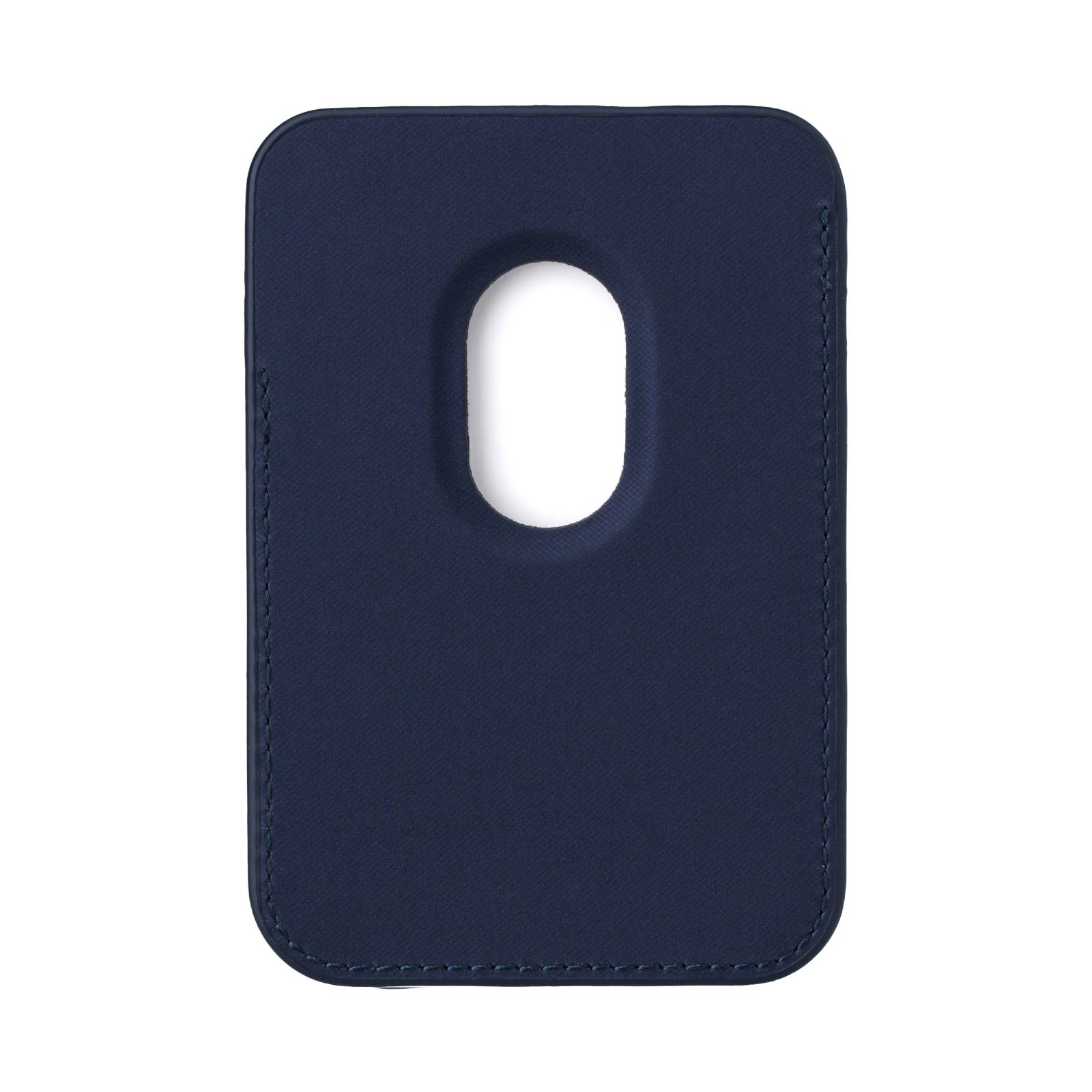 Portacarte in pelle blu scuro con ritaglio ovale centrale su sfondo bianco.