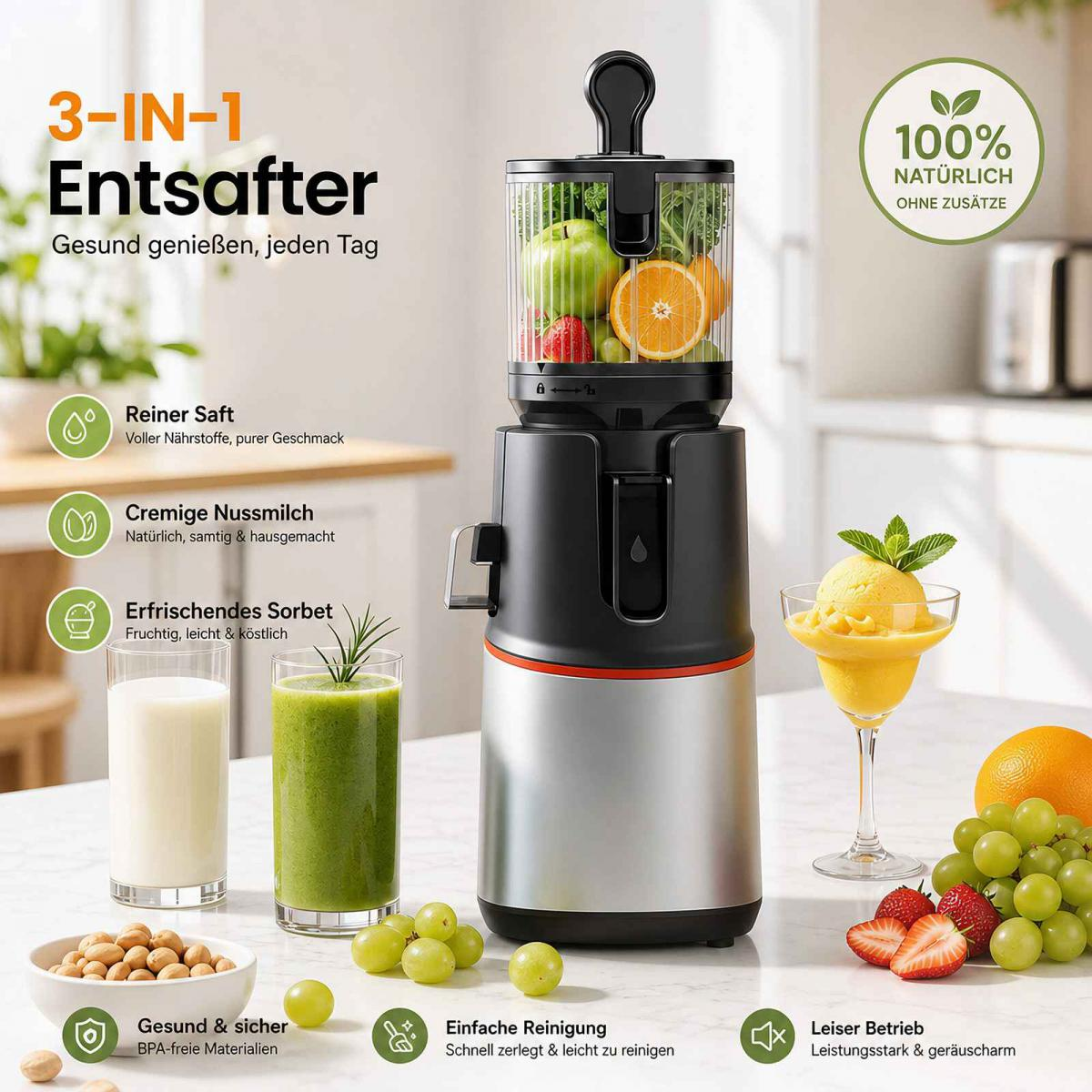 Silberner 3-in-1-Entsafter auf einer Küchenarbeitsplatte mit frischen Früchten, Nüssen und Säften.