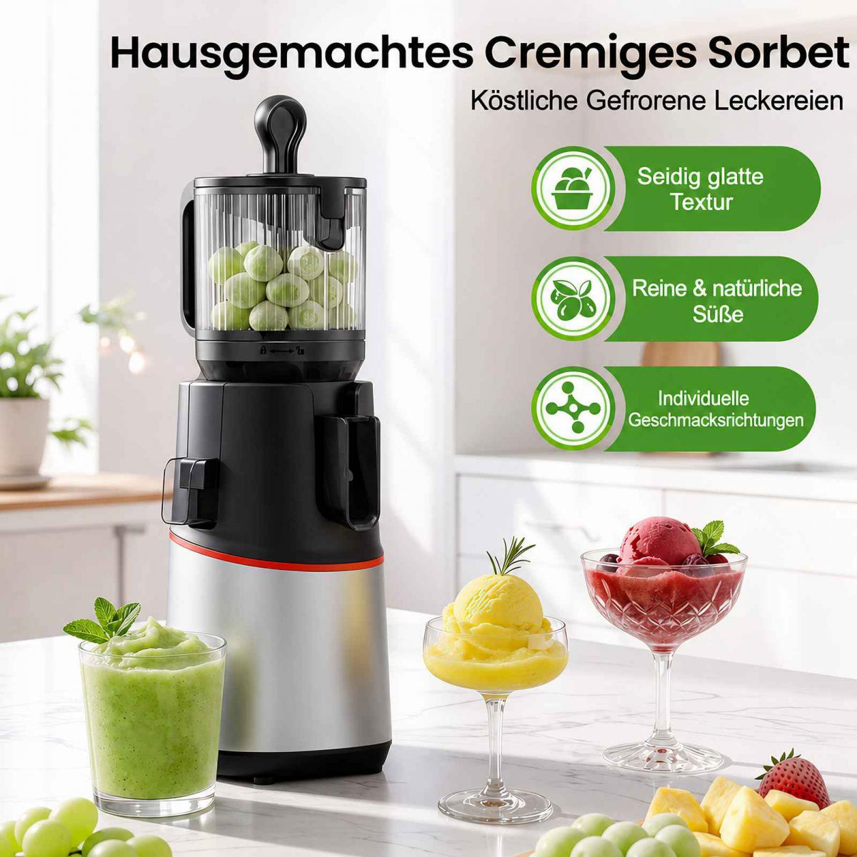 Ein Sorbetbereiter steht auf einer Theke neben Gläsern mit Eis und Früchten.