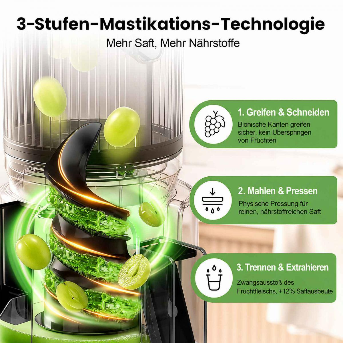 3-Stufen-Mastikations-Technologie für Saftpressen mit drei erklärenden Schritten und Trauben.