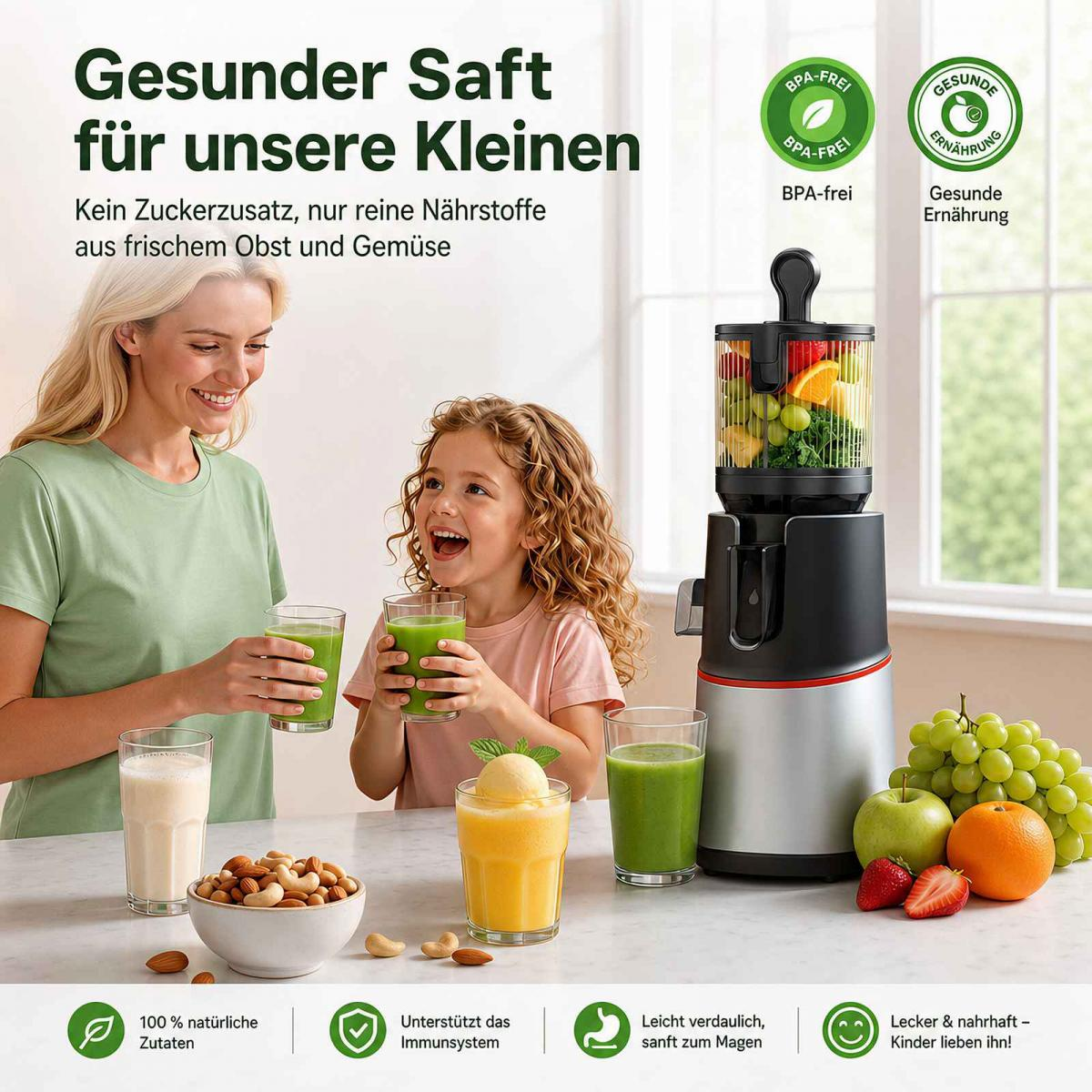 Eine Frau und ein Kind trinken grüne Säfte neben einem Entsafter und frischem Obst.