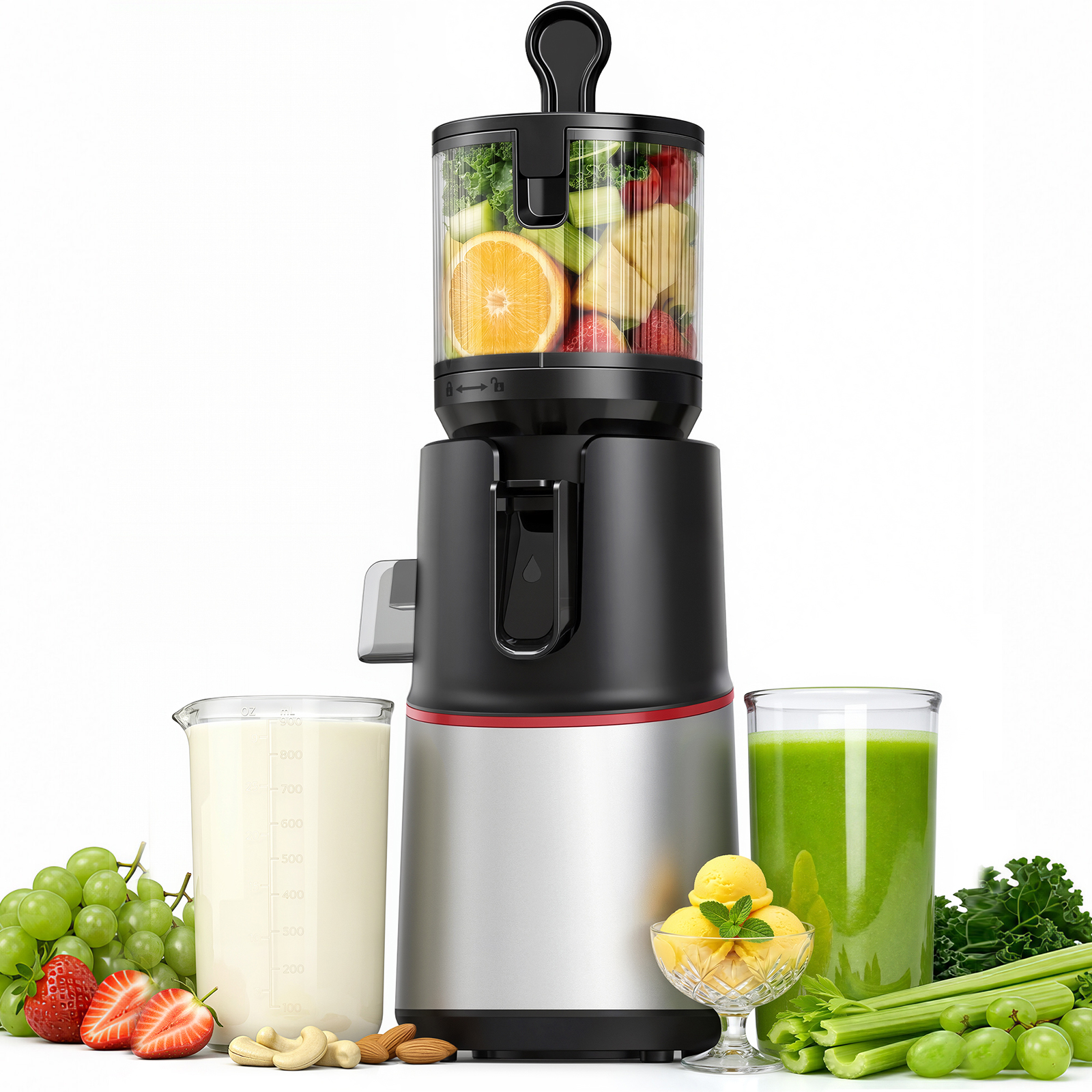 Ein schwarz-silberner Entsafter mit Früchten, flankiert von Milch, grünem Saft und frischen Lebensmitteln.