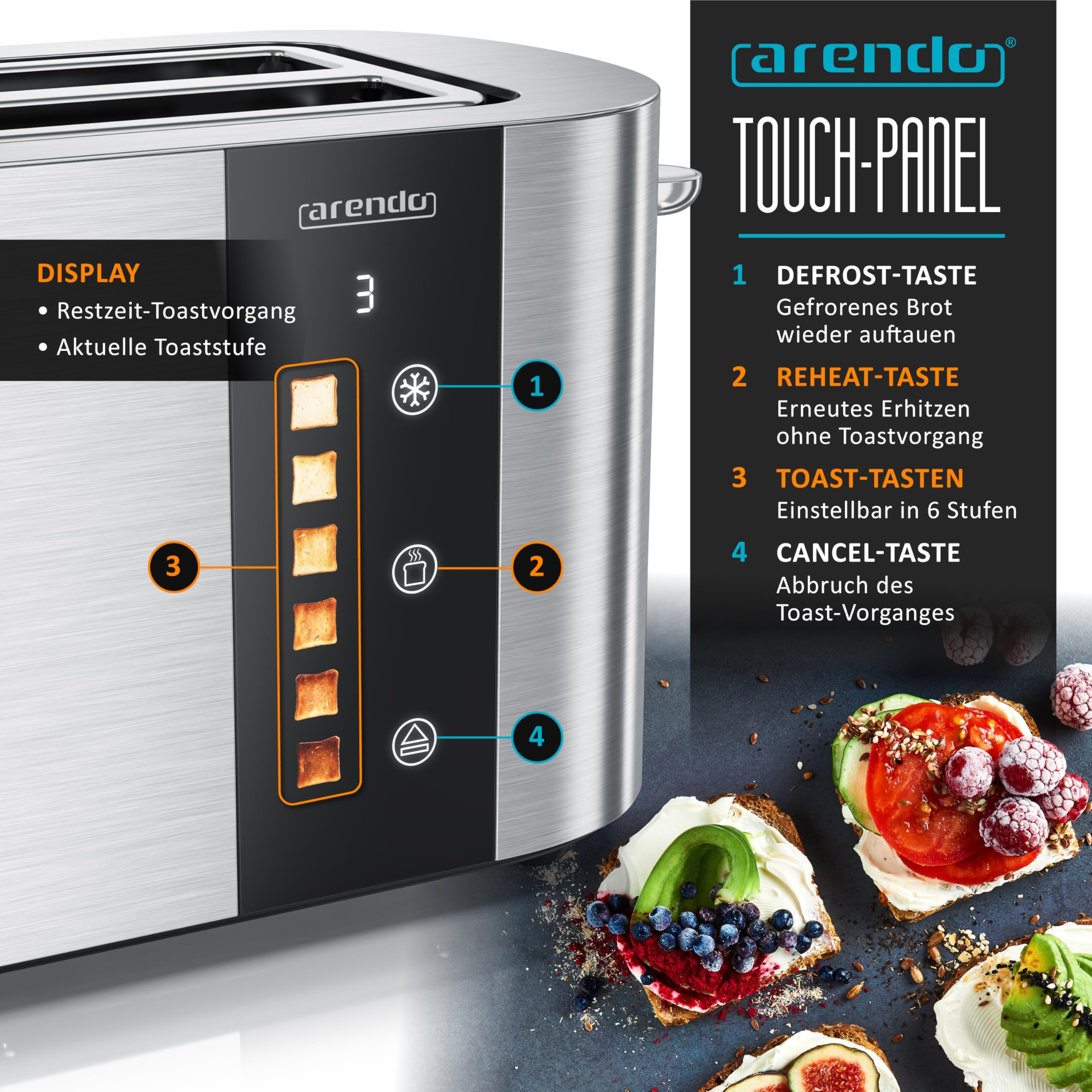 Taparella in acciaio inossidabile con pannello touch, display e guide alle funzioni, con toast in primo piano.