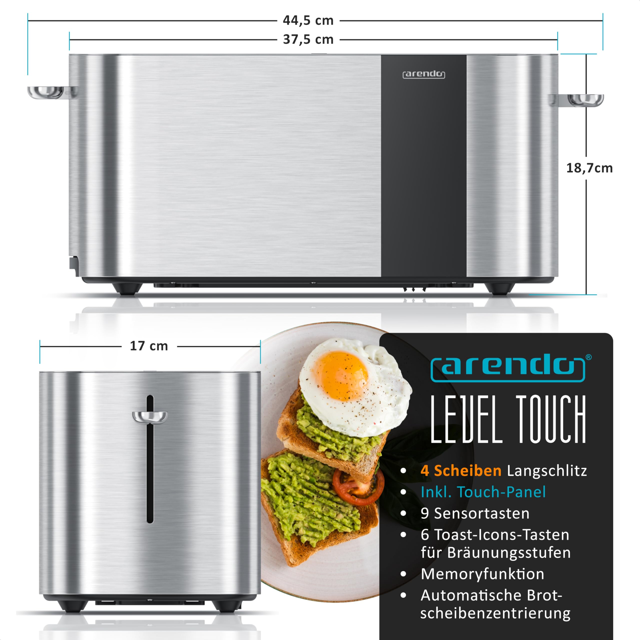 Tapane tostapane in acciaio inox con dimensioni, toast con avocado e uovo al tegamino e info.