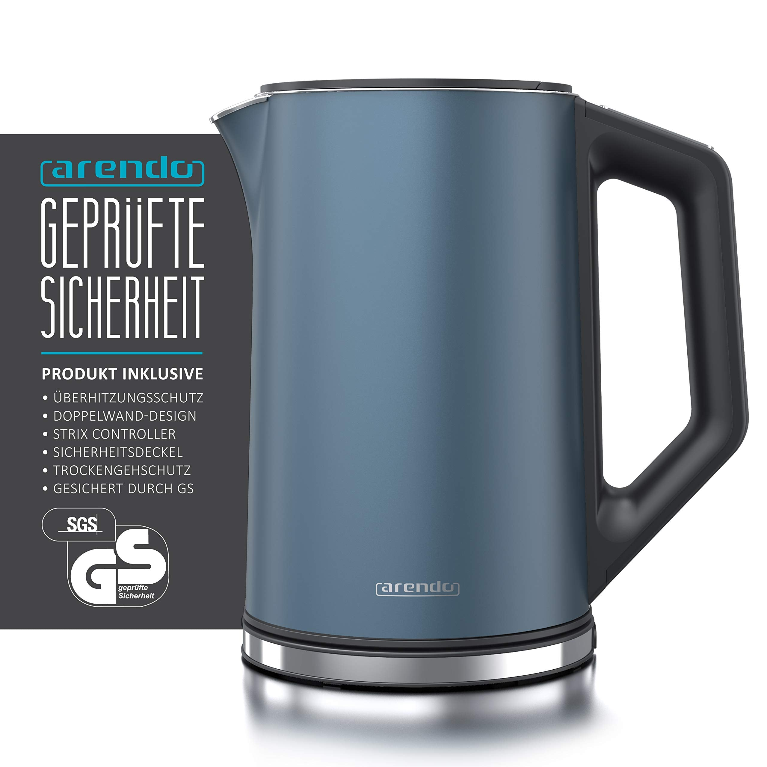 Un bollitore elettrico Arendo blu con manico nero e base argentata accanto a un riquadro di testo con le funzioni di sicurezza.