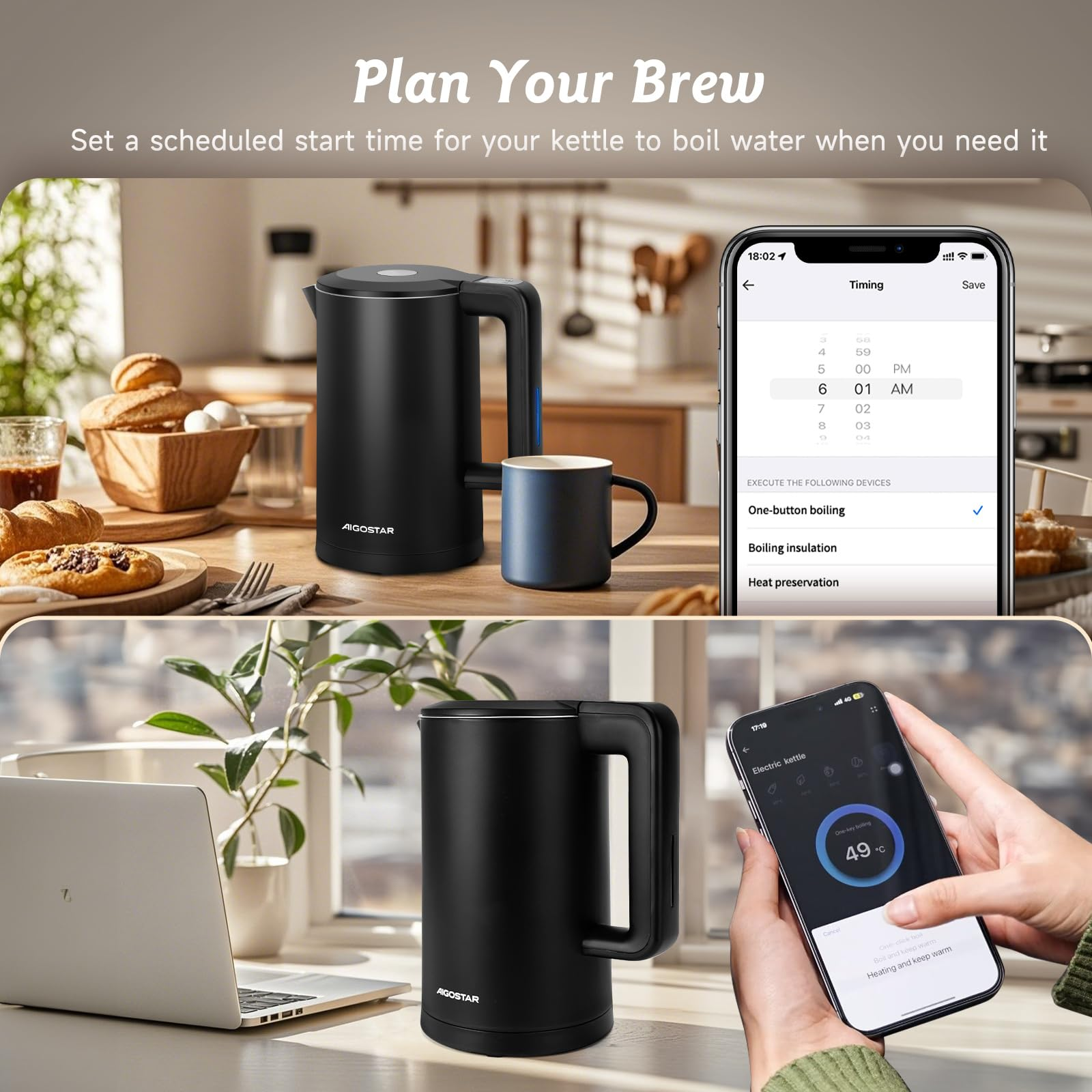Une bouilloire noire Aigostar et une tasse sur une table de cuisine, contrôlées via une application.