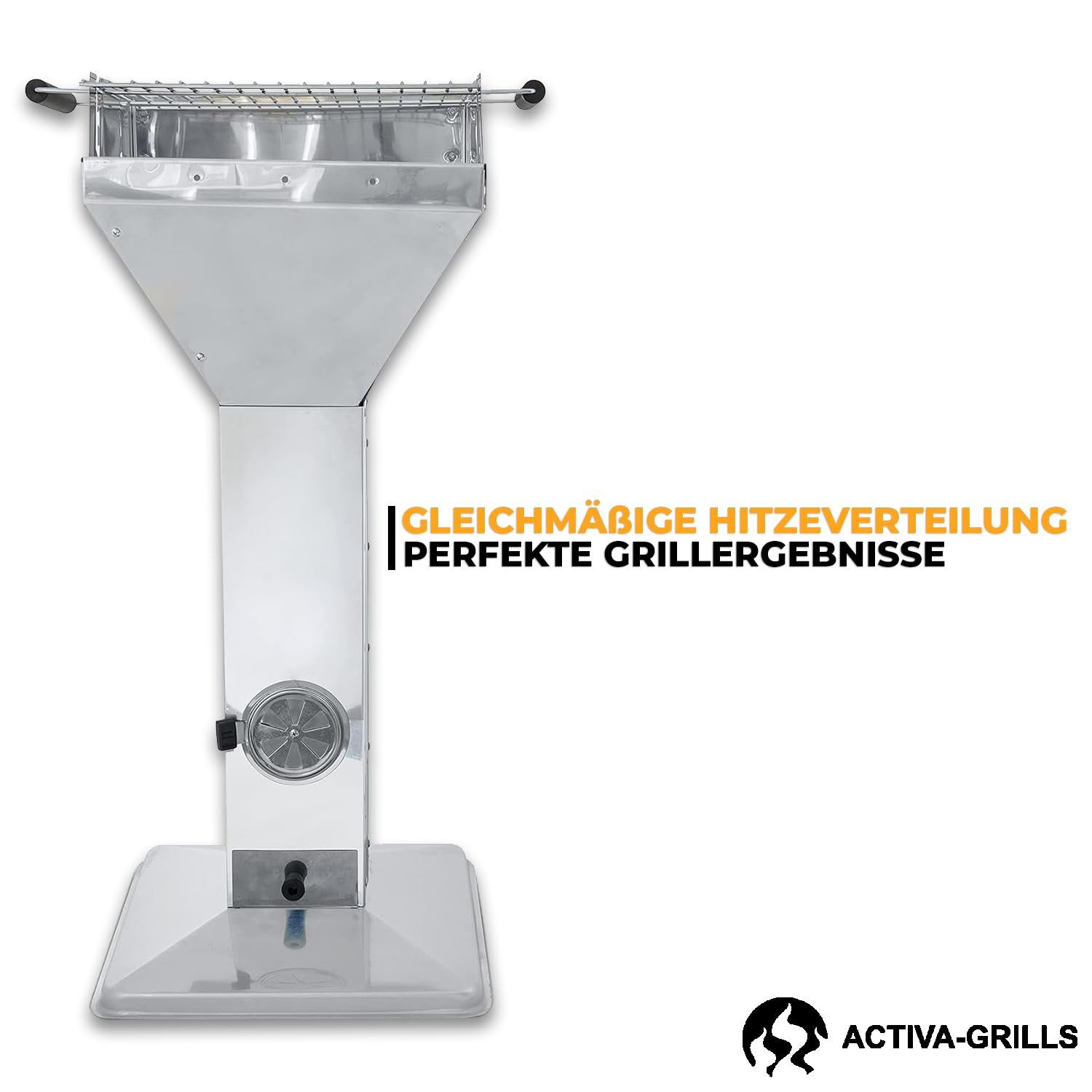 Barbecue a colonna argentato Activa Grills con imbuto a V, presa d'aria regolabile e base quadrata su sfondo bianco.