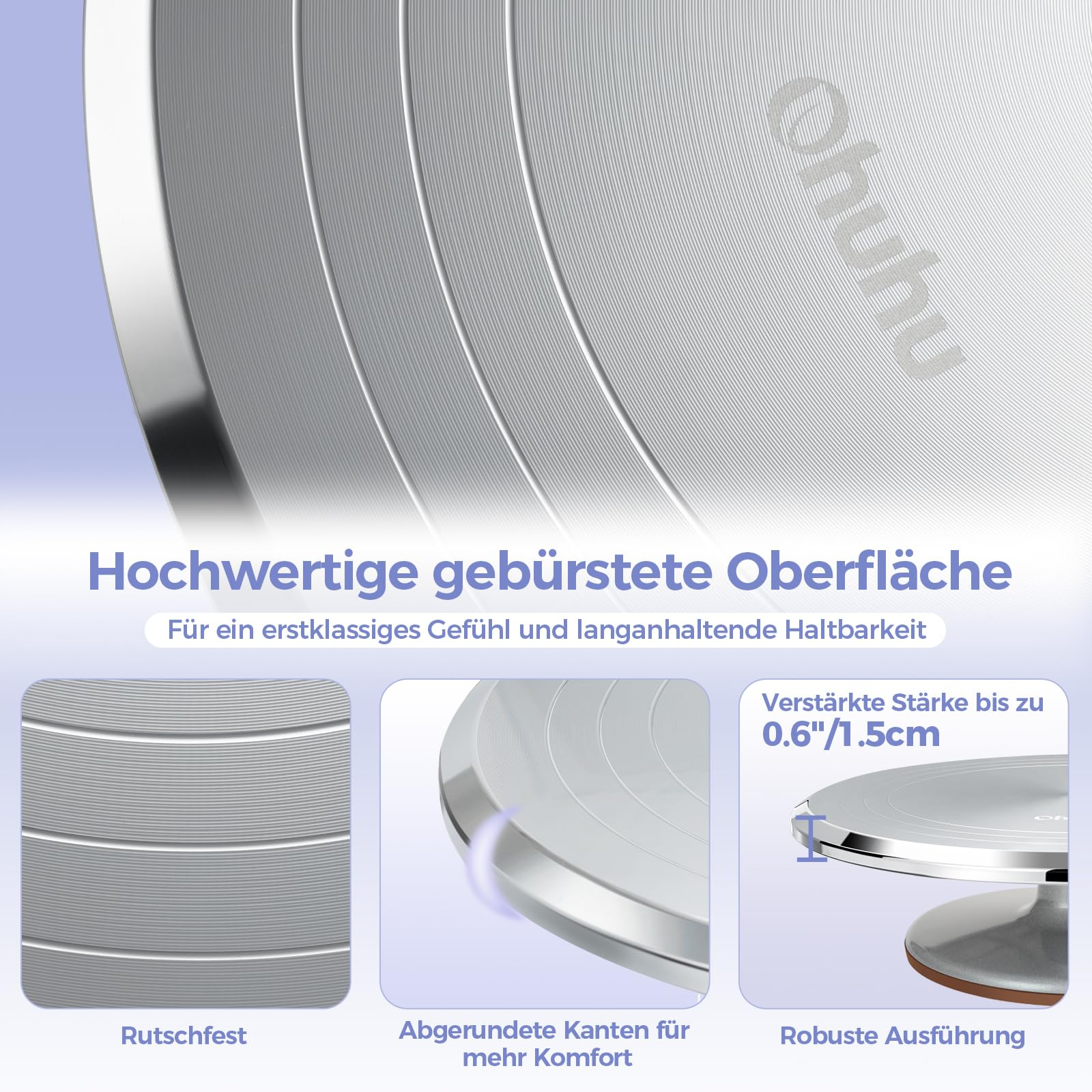 Produktmerkmale eines silbernen Tortenständers mit gebürsteter Oberfläche, runden Kanten und robuster Bauweise.