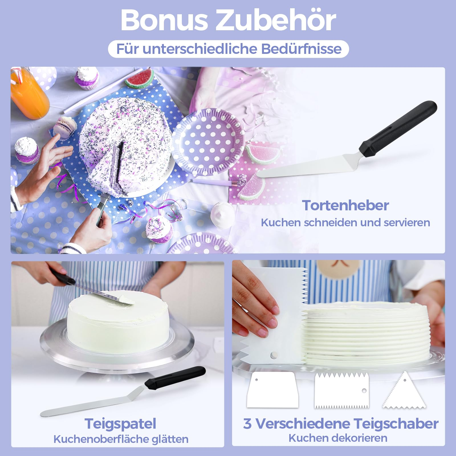 Baking tools set showing spatula and cake scrapers.
