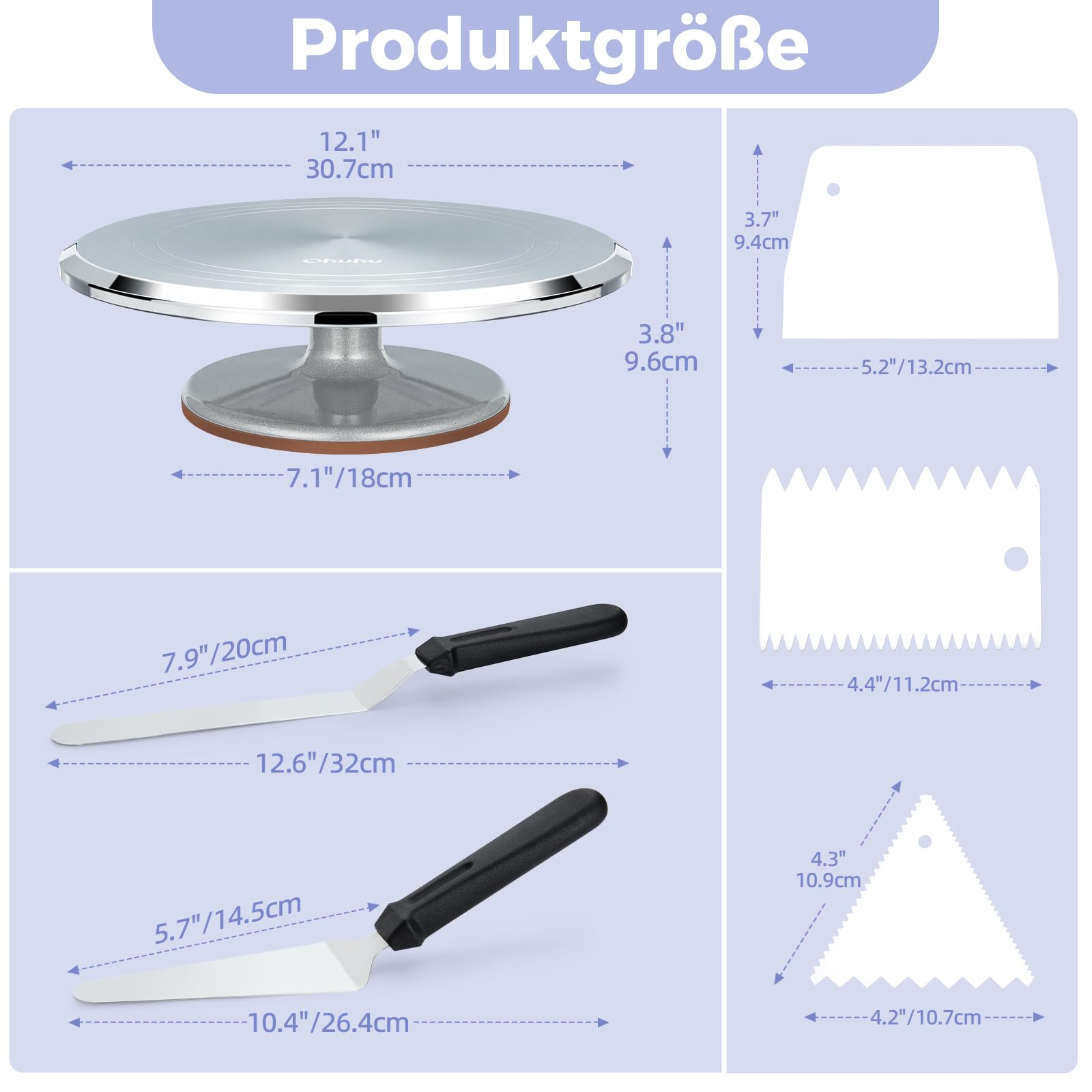 Produktgröße: Diagramm mit Maßen für einen runden Tortenständer, zwei Spatel und drei Teigschaber.