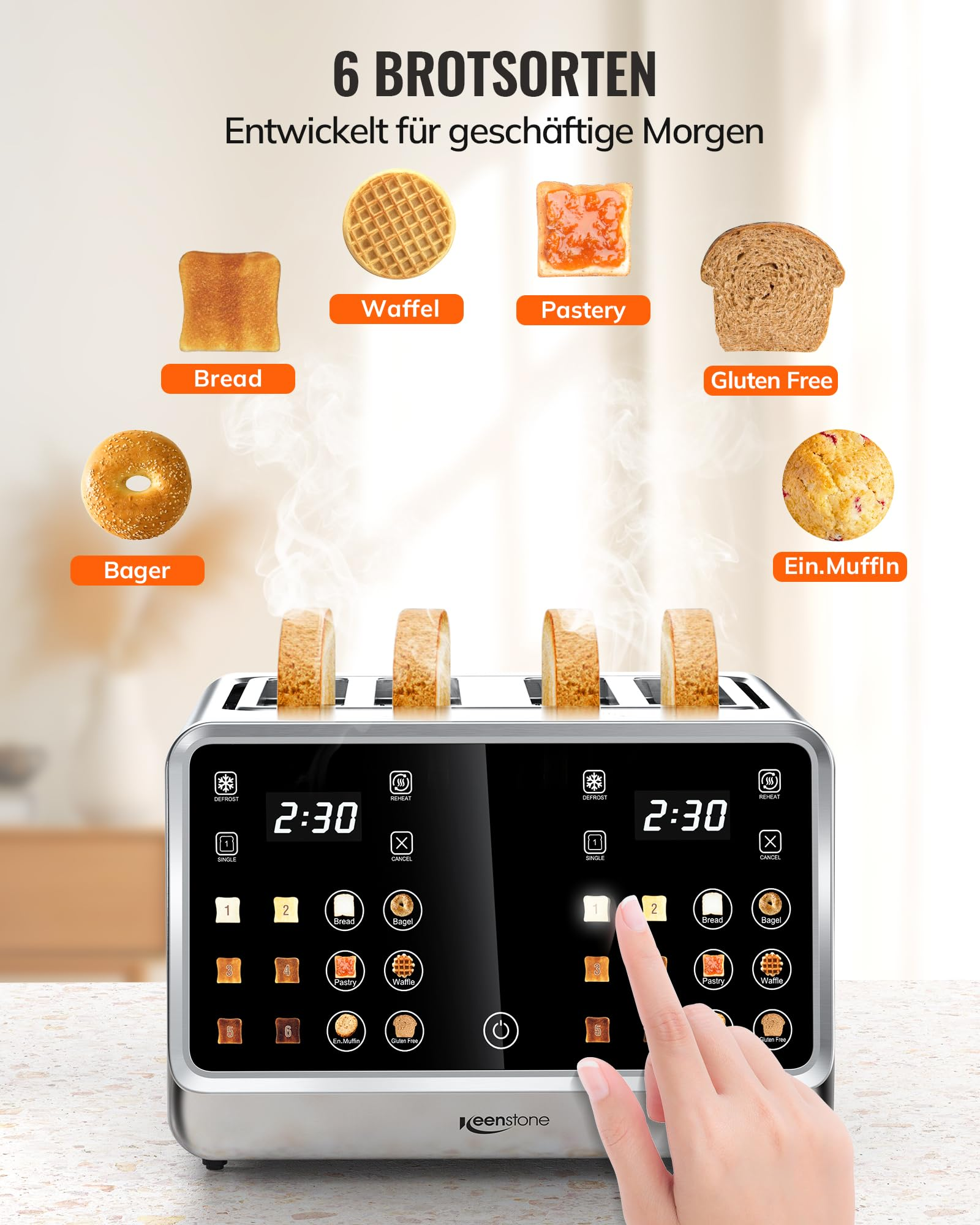 Un grille-pain à quatre fentes avec affichage numérique et commandes tactiles montre divers types de pain.