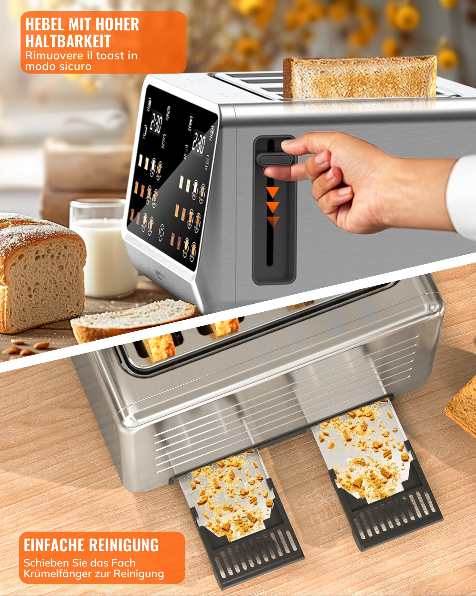 Un grille-pain moderne avec écran numérique, toast et ramasse-miettes amovible rempli de miettes.