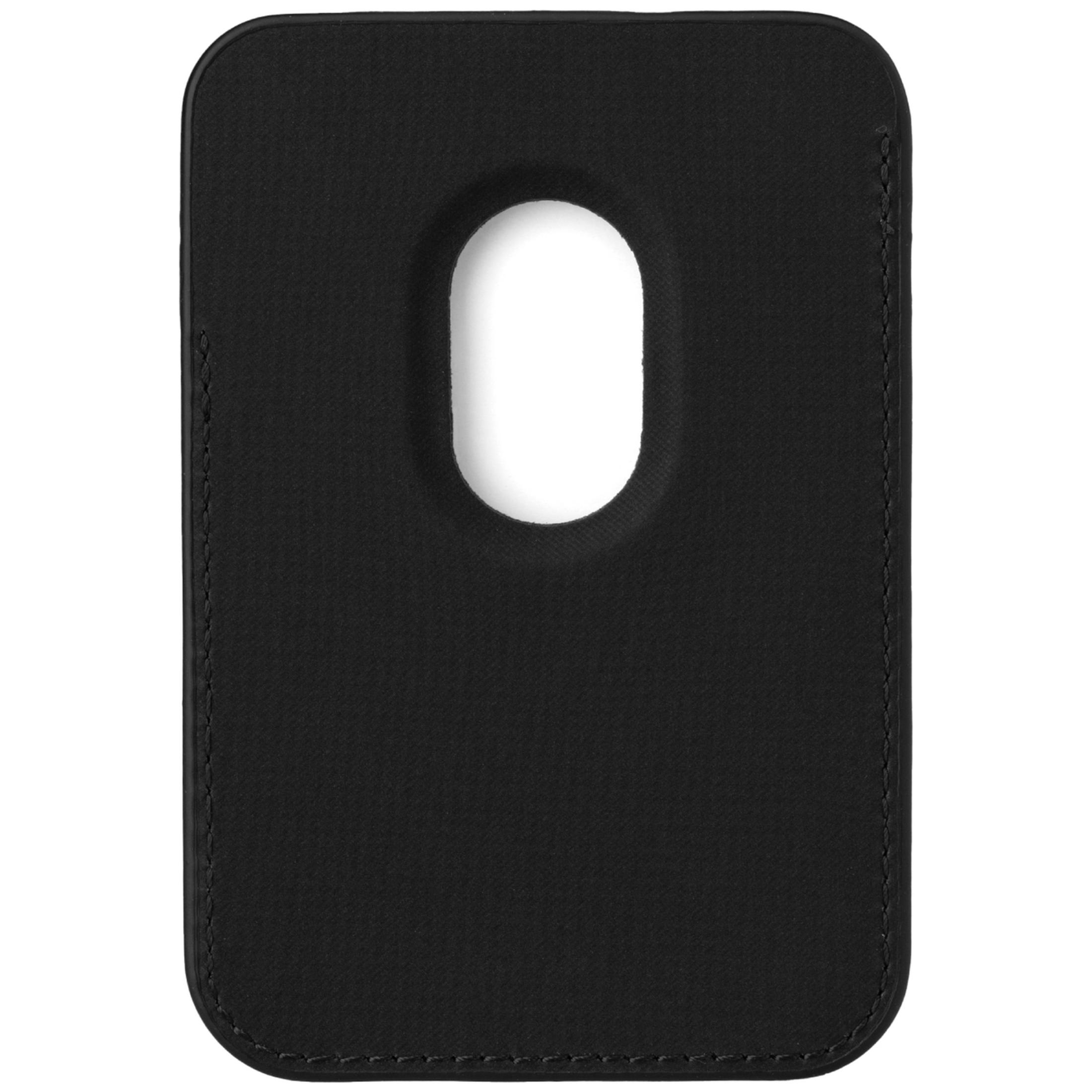 Un porta carte in pelle nera con un ritaglio ovale sul davanti.