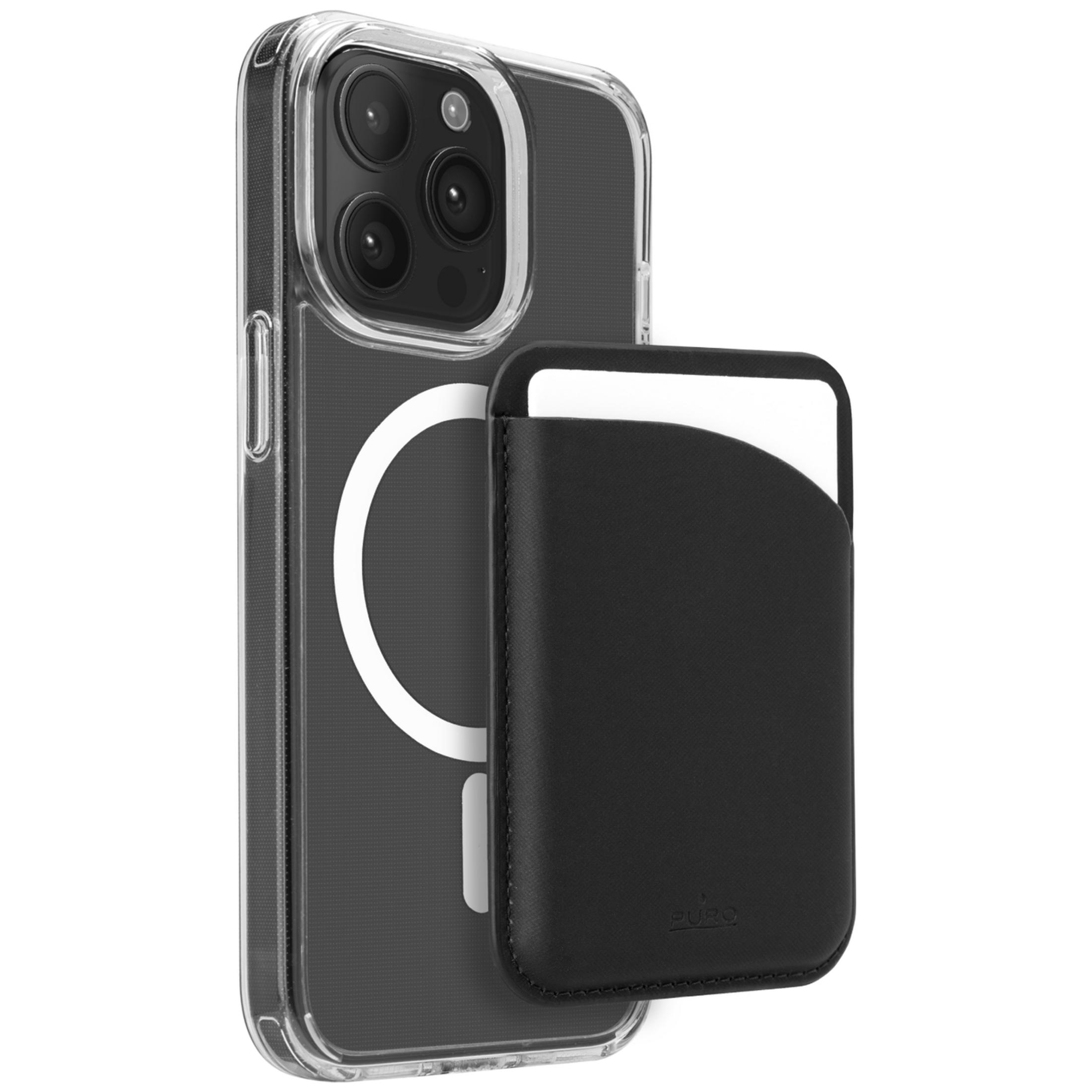 Una custodia trasparente con anello MagSafe e un porta carte in pelle nera attaccato sul retro.