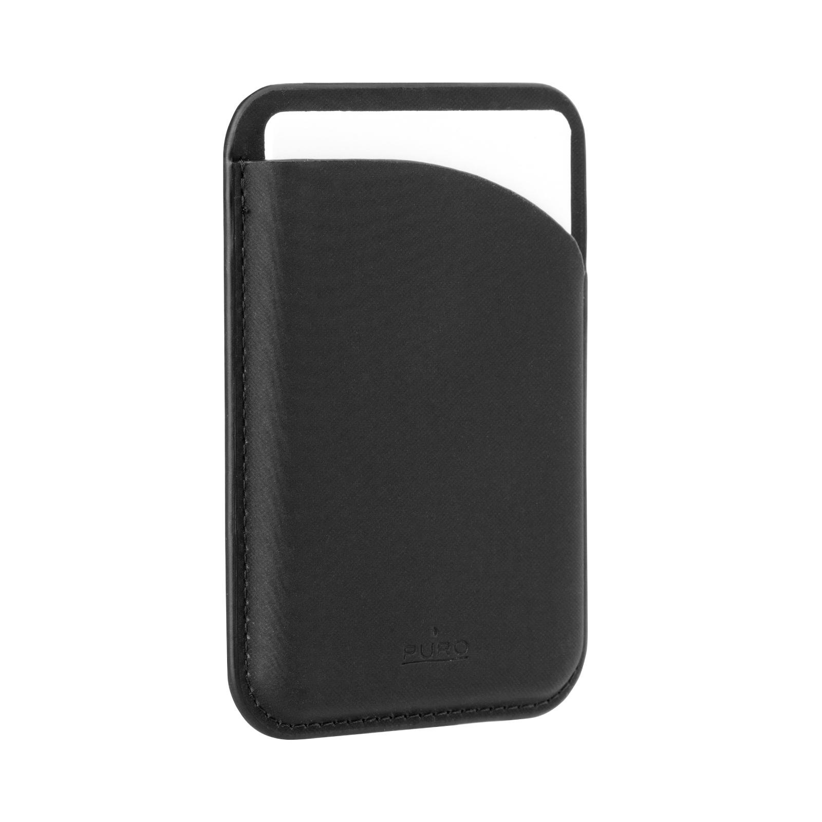 Una custodia per smartphone in pelle nera con un'apertura ritagliata in alto su sfondo bianco.