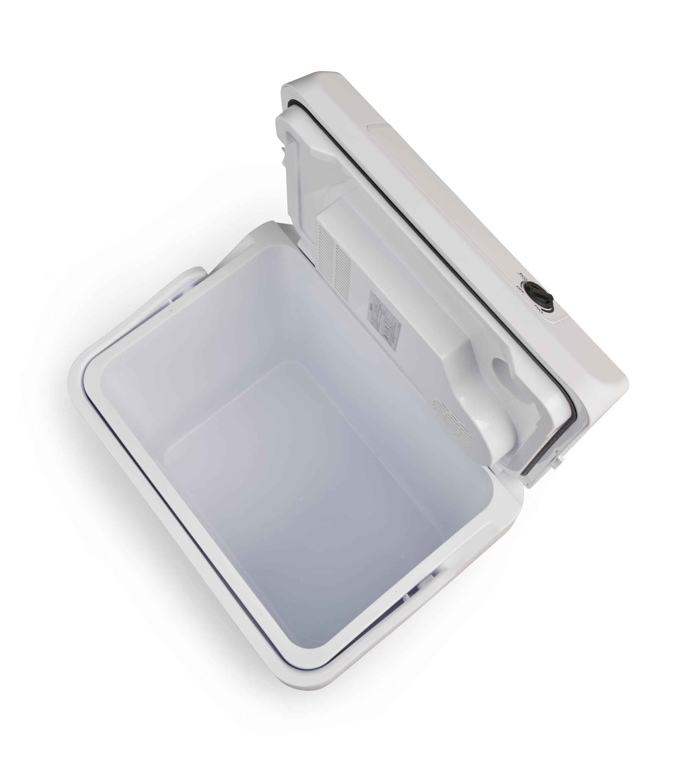 Glacière électrique portable blanche ouverte sur fond blanc, vue du dessus.