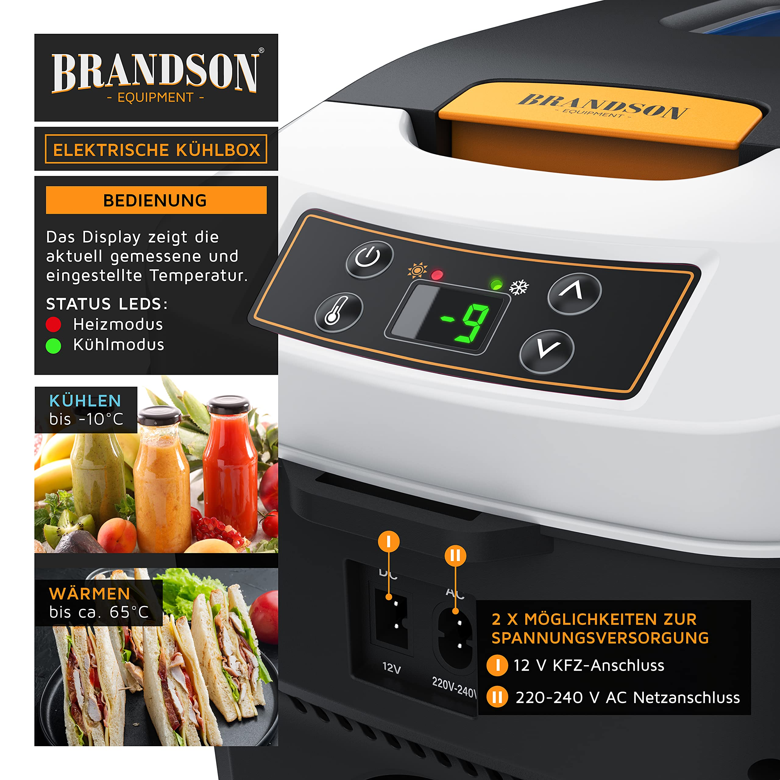 Pannello di controllo del frigo portatile Brandson con display digitale, LED di stato e porte di alimentazione 12V e 220V.