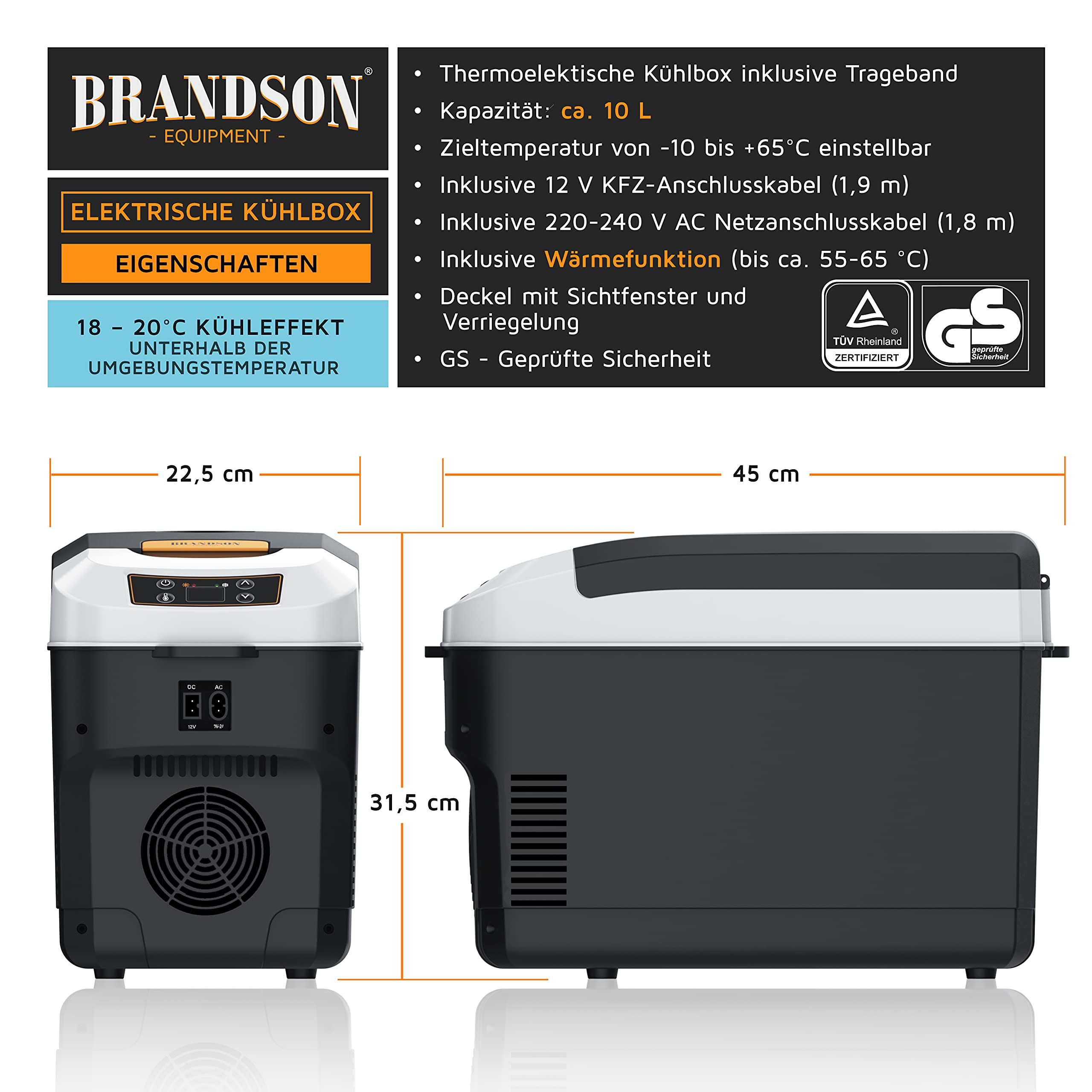 Grafico delle dimensioni e caratteristiche del frigo portatile Brandson con capacità di 10L, lunghezza 45cm e altezza 31.5cm.