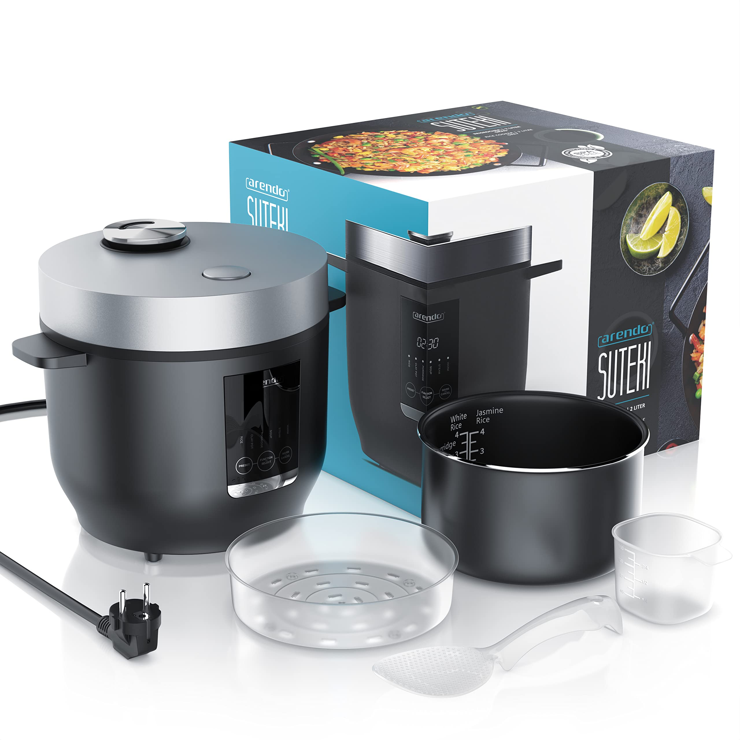 Ein grauer Reiskocher mit Zubehör wie Topf, Dämpfeinsatz, Messbecher und Löffel vor seiner Produktverpackung.