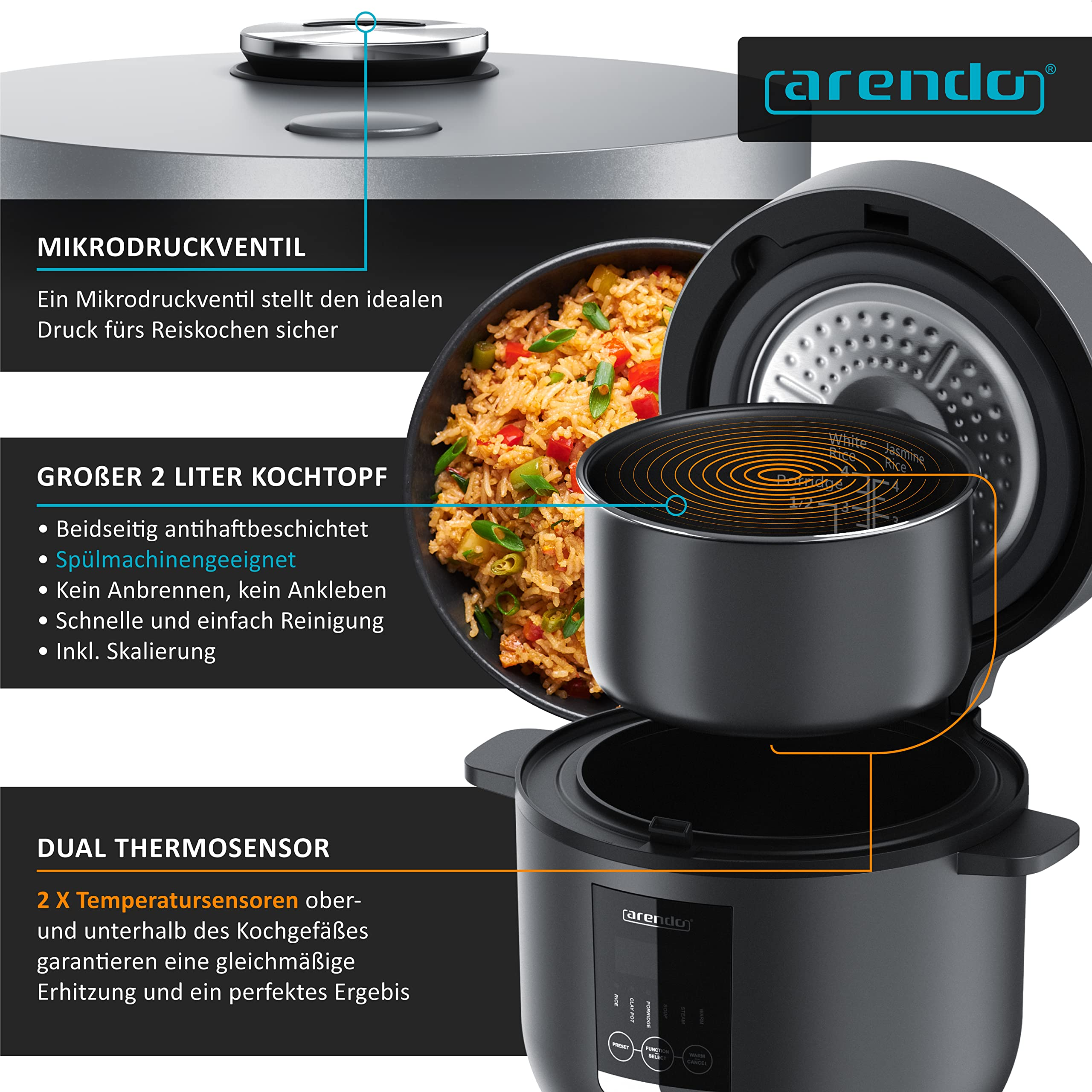 Arendo Reiskocher mit integriertem Topf, Mikrodruckventil, Skalierung und Dual-Thermosensor in dunklem Design.