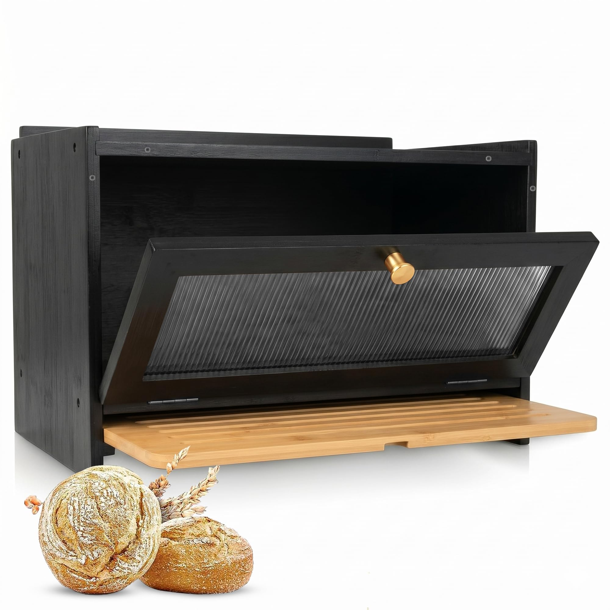 Portapane in legno nero con finestra in vetro e tagliere estraibile, con due piccole pagnotte davanti.