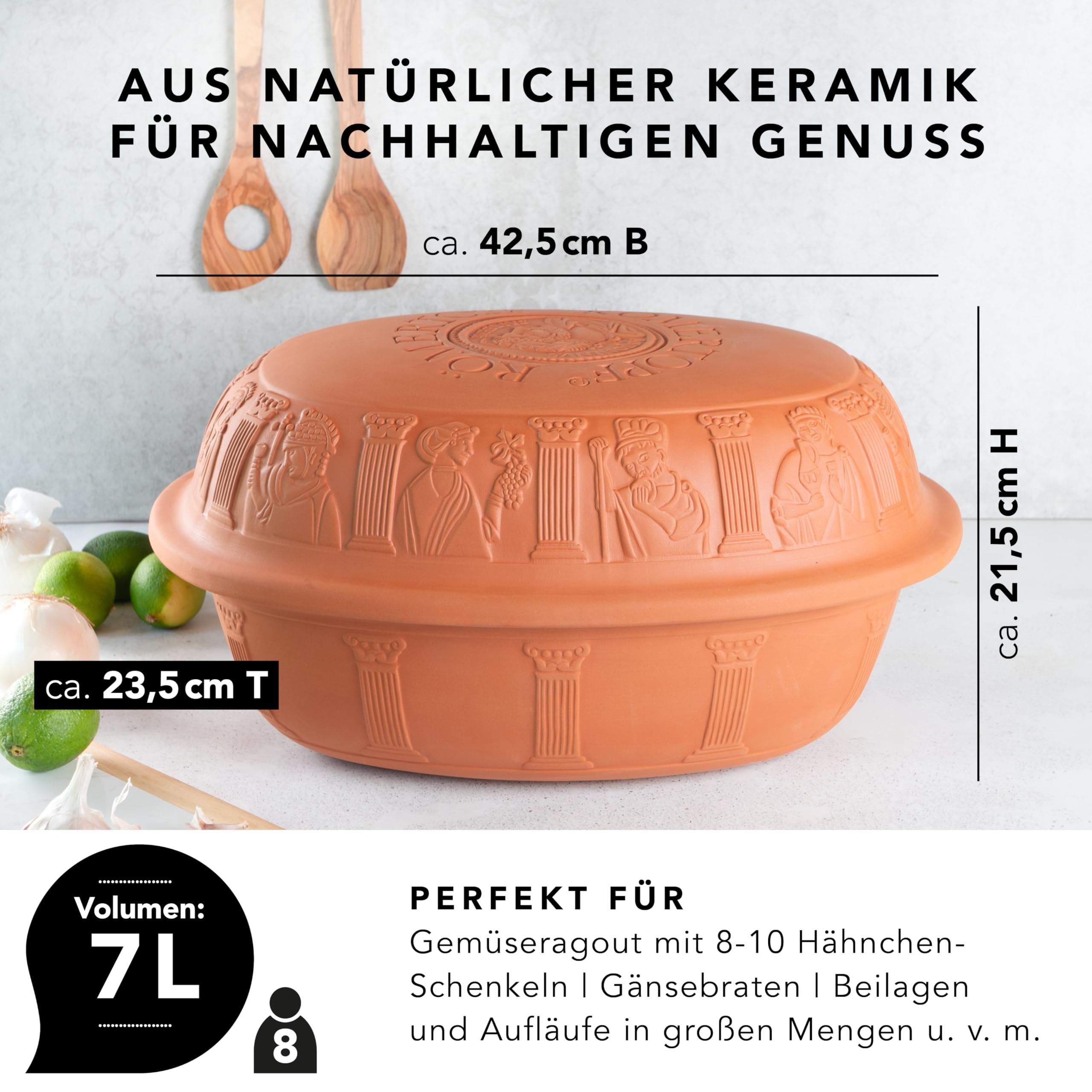 Terracotta-Römertopf mit Reliefs, Maßen, Limes-Symbolik, 7L Volumen und Holzlöffeln im Hintergrund.