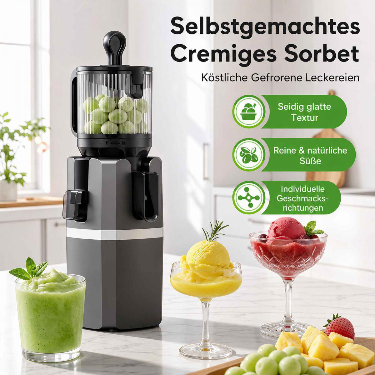 Eine graue Eismaschine steht auf einer Küchentheke mit Bechern voller gelbem und rotem Sorbet und frischen Früchten.