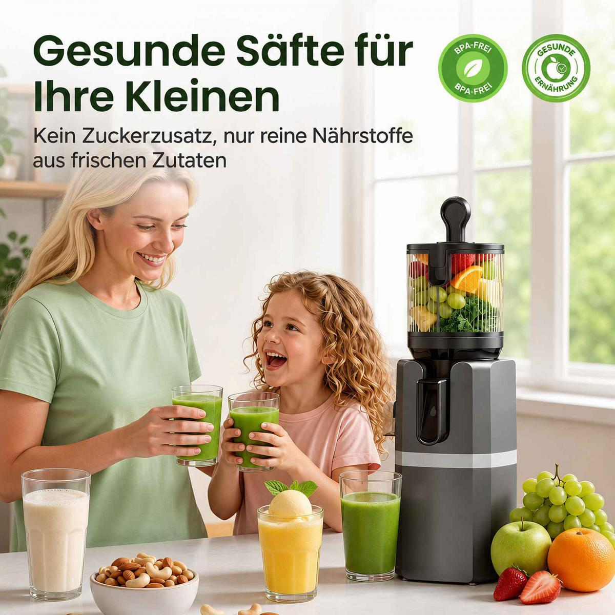 Mutter und Tochter bereiten mit einem Entsafter grüne Säfte und Smoothies zu.