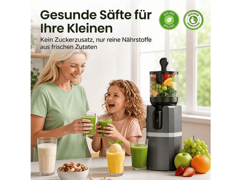 FLYSTAR 3-in-1 Entsafter mit 11,9cm Einfüllstutzen Slow Juicer 250 Watt, Grau