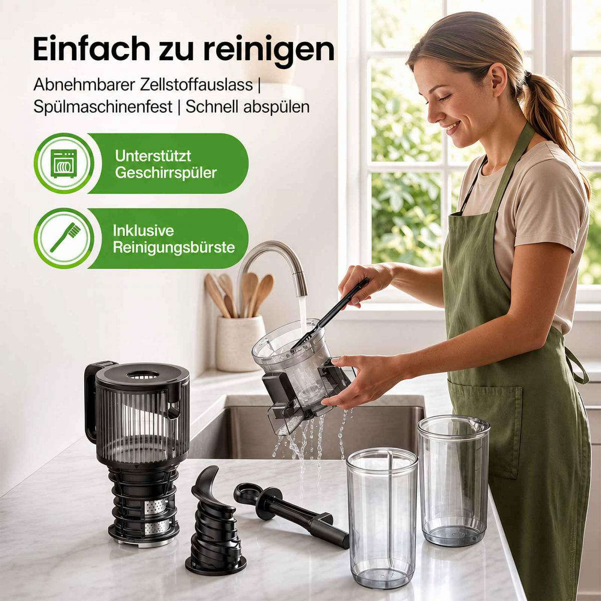 Eine Frau in einer grünen Schürze reinigt Küchengeräte am Spülbecken. Text auf Deutsch im Bild.