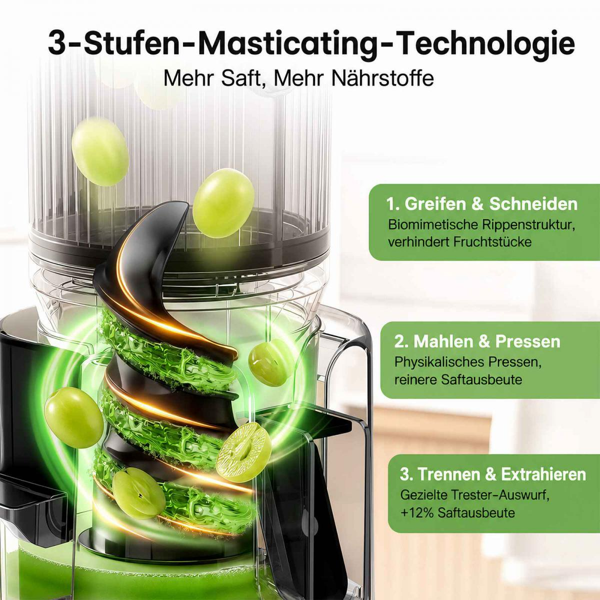 Diagramm eines Entsafters mit 3-Stufen-Masticating-Technologie und grünen Trauben.