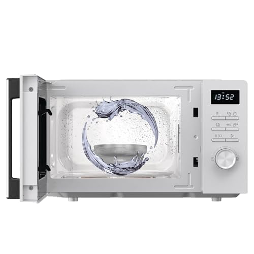 Eine weiße Mikrowelle mit geöffneter Tür, einer wirbelnden Wassergrafik innen und einem digitalen Bedienfeld.