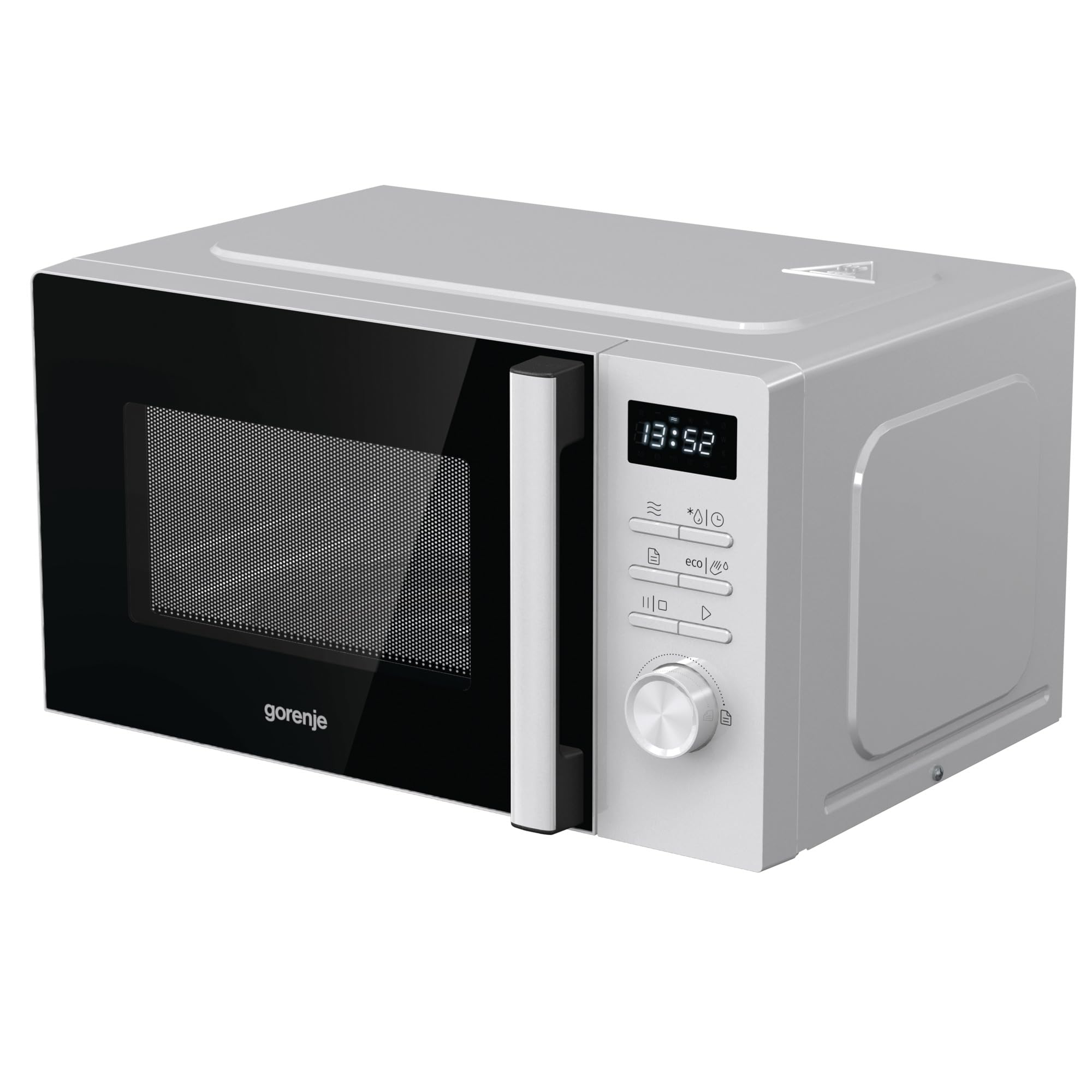 Eine silberne Gorenje-Mikrowelle mit schwarzer Glastür, digitaler Anzeige und Drehknopf auf weißem Hintergrund.
