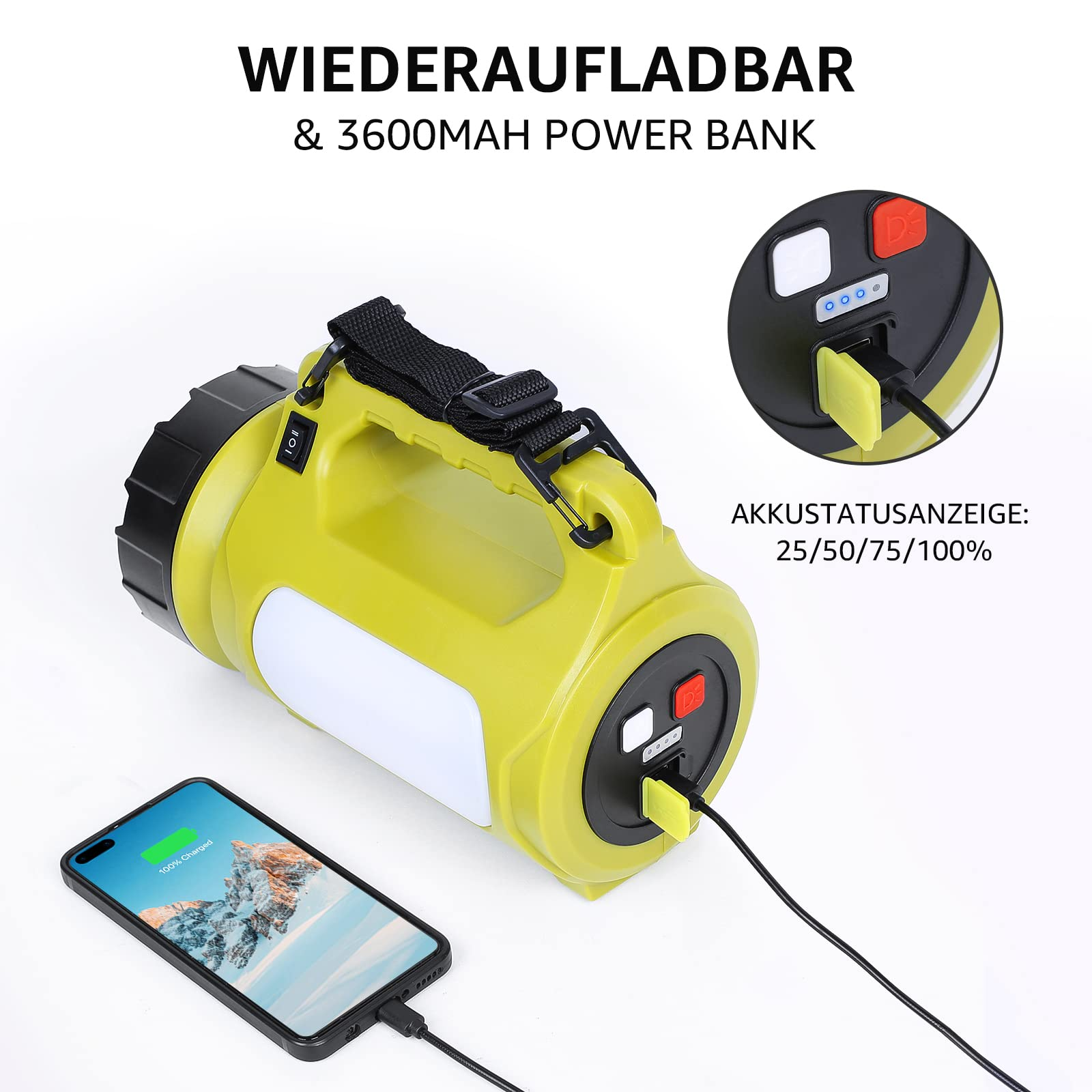 Lampe de poche LED verte rechargeable avec fonction batterie externe et smartphone en charge sur fond blanc.