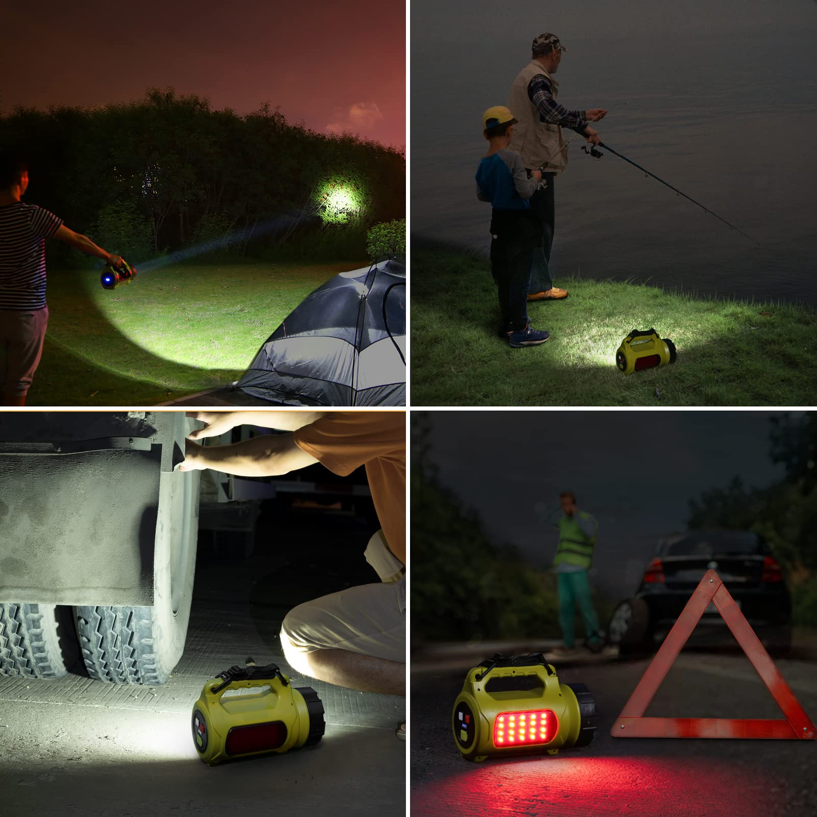 Un projecteur portable jaune et noir éclaire des scènes nocturnes de camping, pêche et réparation.