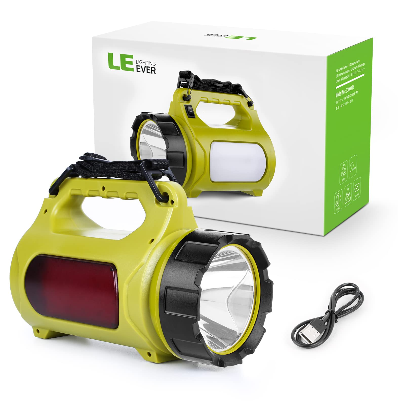 Un projecteur LED vert et noir, sa boîte et un câble de charge sur fond blanc.